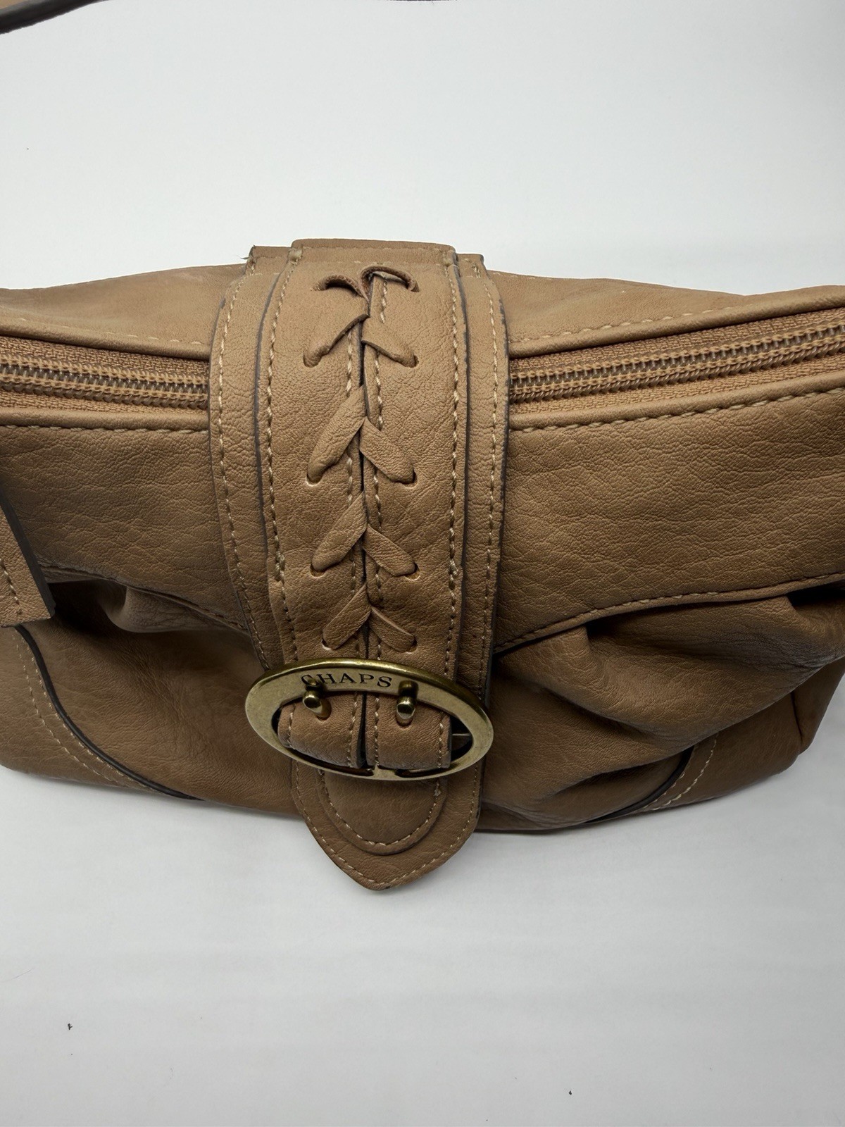 Chaps Brown Shoulder Bag Zip Top Gold Hardware Buckle Lacing Inner/Outer Pockets