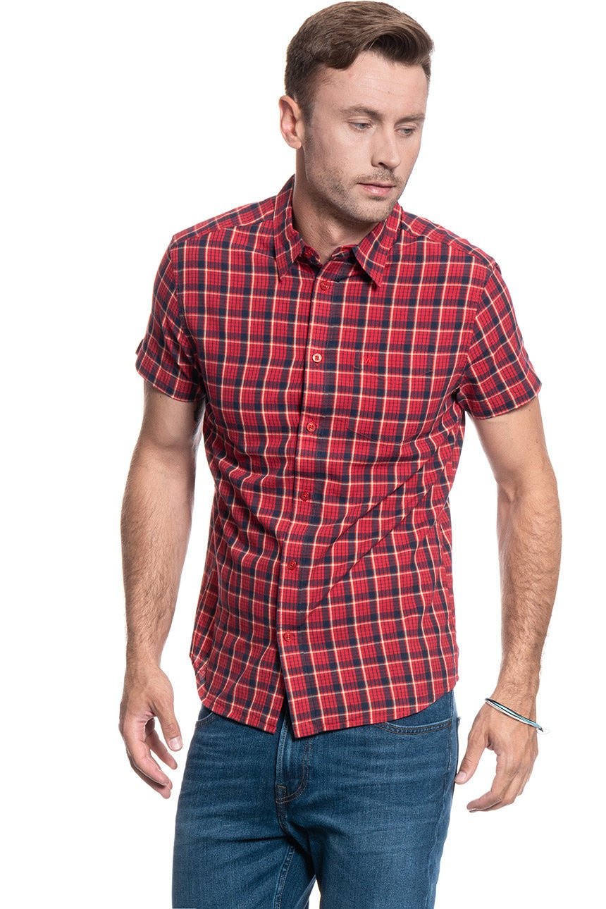 Wrangler Plaid 1 Pkt Shirt Mens Medium Cotton Short Sleeve Button Up Formula Red