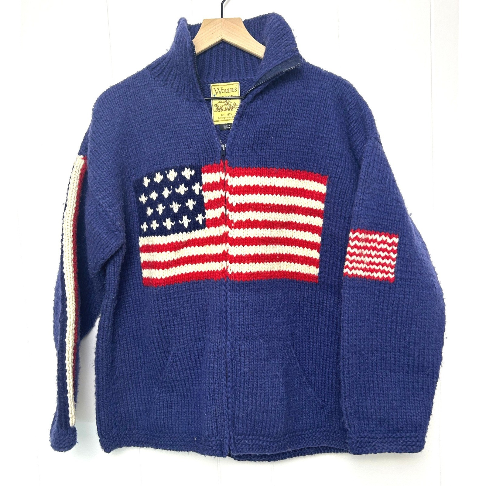 Woolies Vintage American Flag Knit Full Zip Cardigan Sweater Made in Ecuador