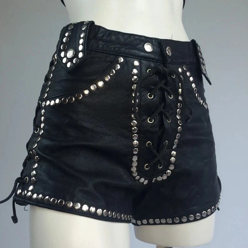 70s Vintage Biker Leather Shorts Women’s High Waisted Lace Up Studded Black Hot