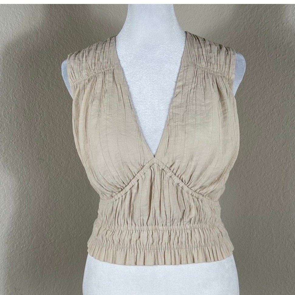 Abercrombie & Fitch Peplum Top Women S Beige Smocked V-Neck Sleeveless Tank Boho