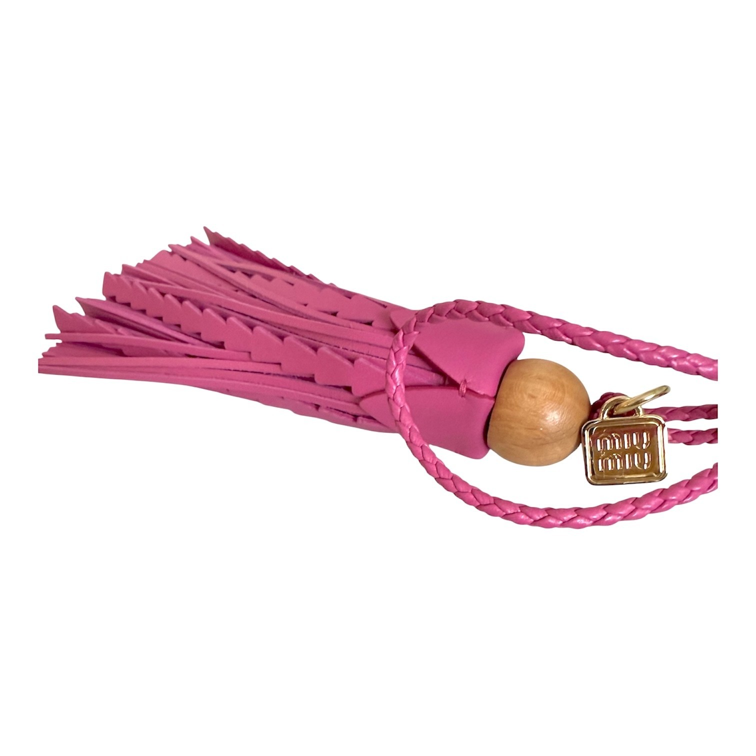 Miu Miu Bag Charm Leather Keychain NEW, Pink Tassel with wood top