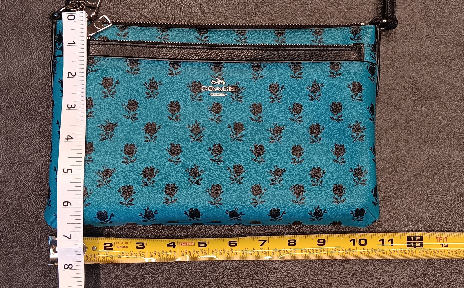 COACH Teal Blue Leather Floral Print w/ Pop Up Pouch Crossbody Bag #F38159 *READ