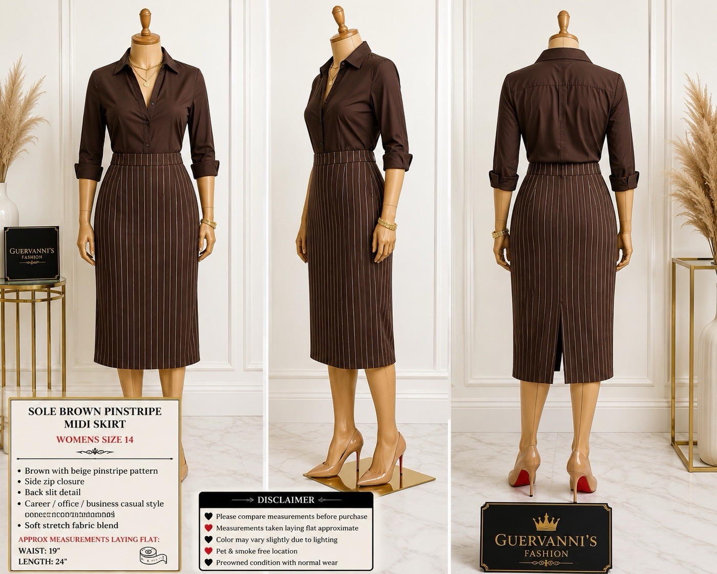 Sole Brown Pinstripe Midi Skirt womens 14 Career Office Stretch Side Slip Y2K