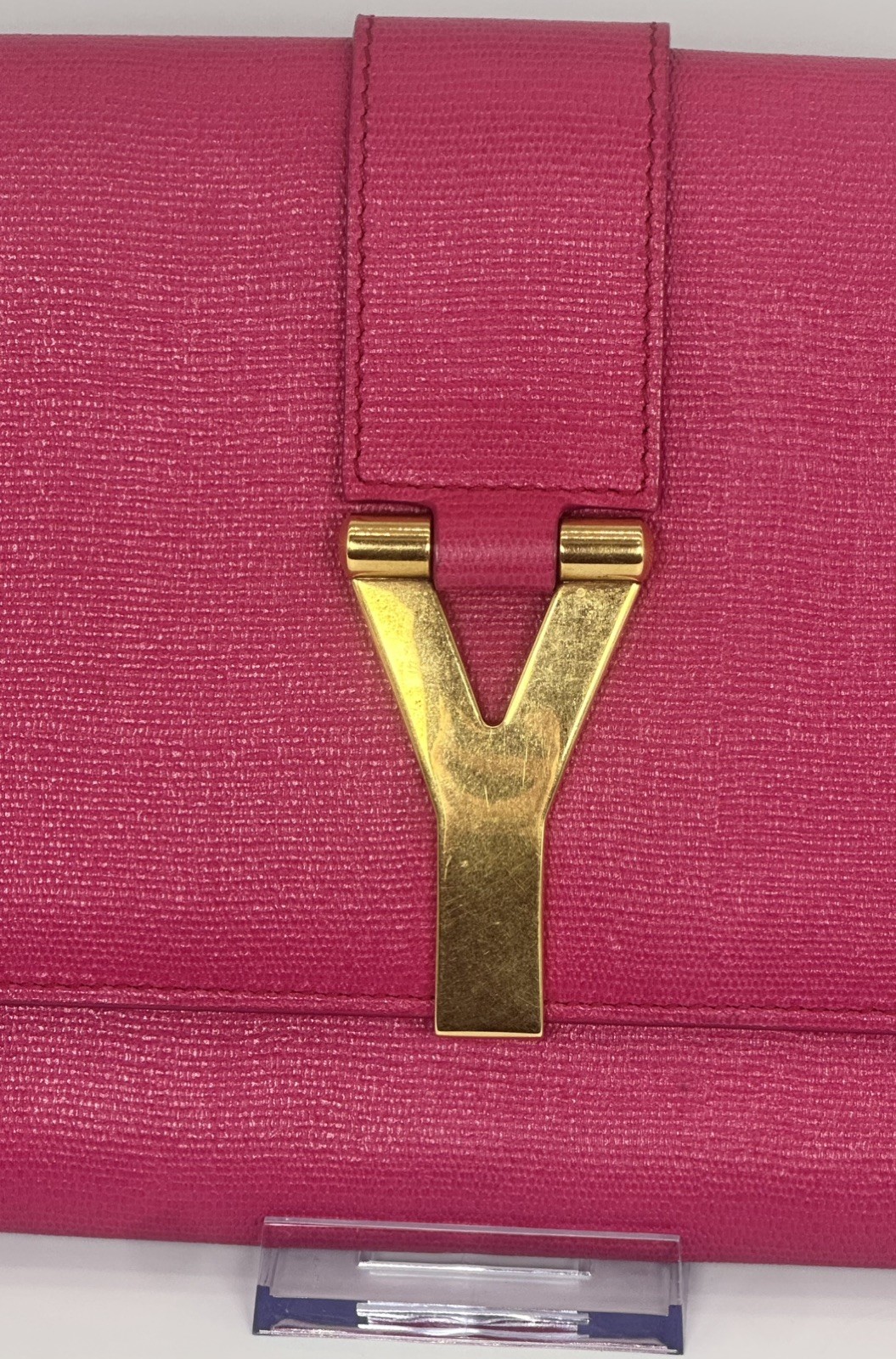 100% Authentic Saint Laurent Y Ligne Fuchsia Textured Leather Clutch COA & Chain