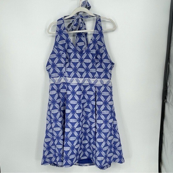 ModCloth Resplendence Jacquard Blue Floral Flattering A-Line Halter Dress XL