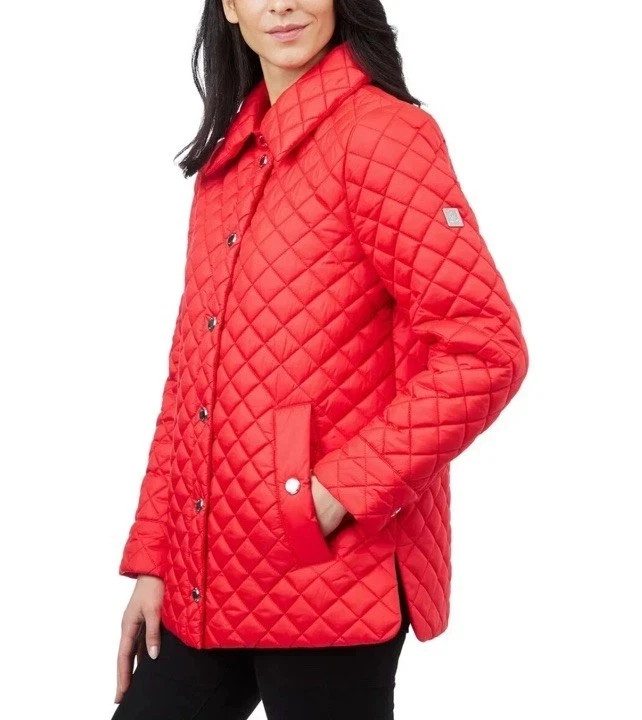 Anne Klein Women’s Jacket Quilted Side-Slit Midweight Snap-Front, Red, 2XL