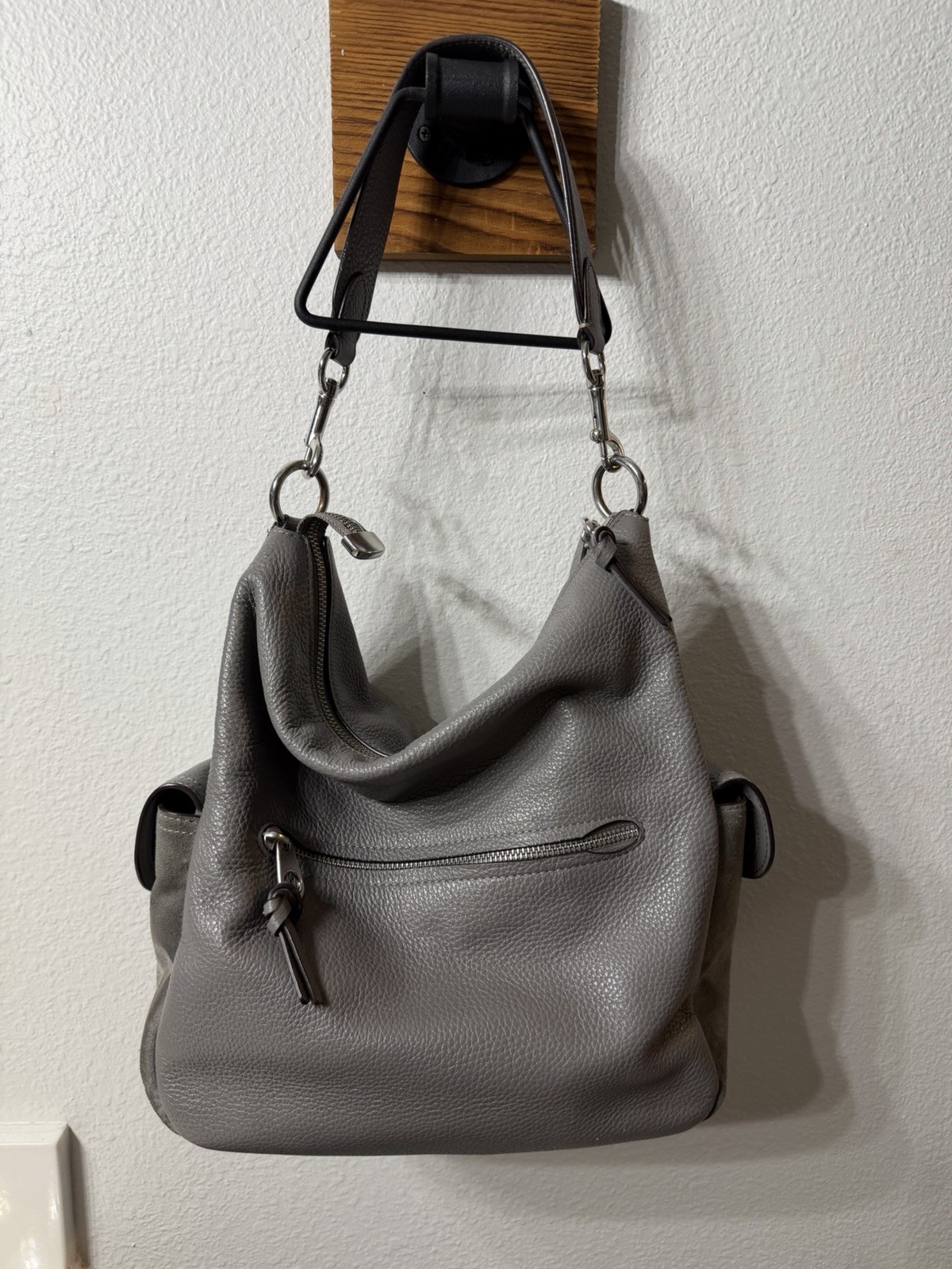 Coach Gray Pebbled Zip Top Crescent Shoulder Bag, Silver Hardware, Pockets