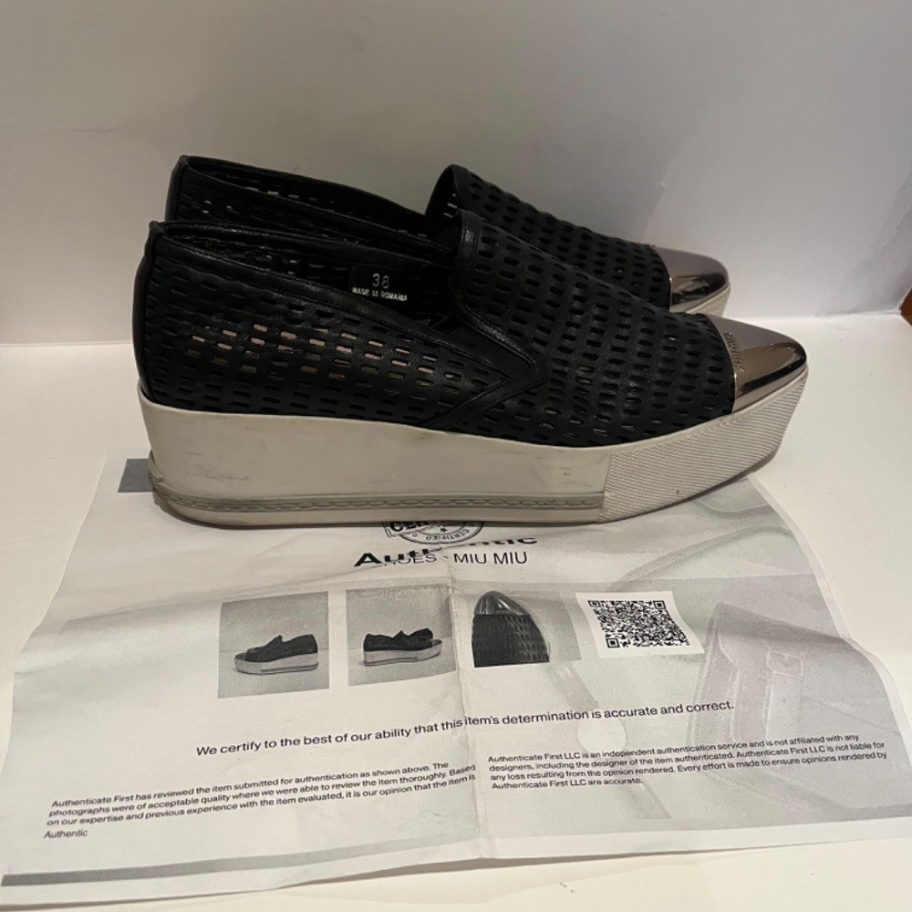 Miu Miu Perforated Pointed Cap-Toe Platform Leather Sneaker Shoes Italy Black 8