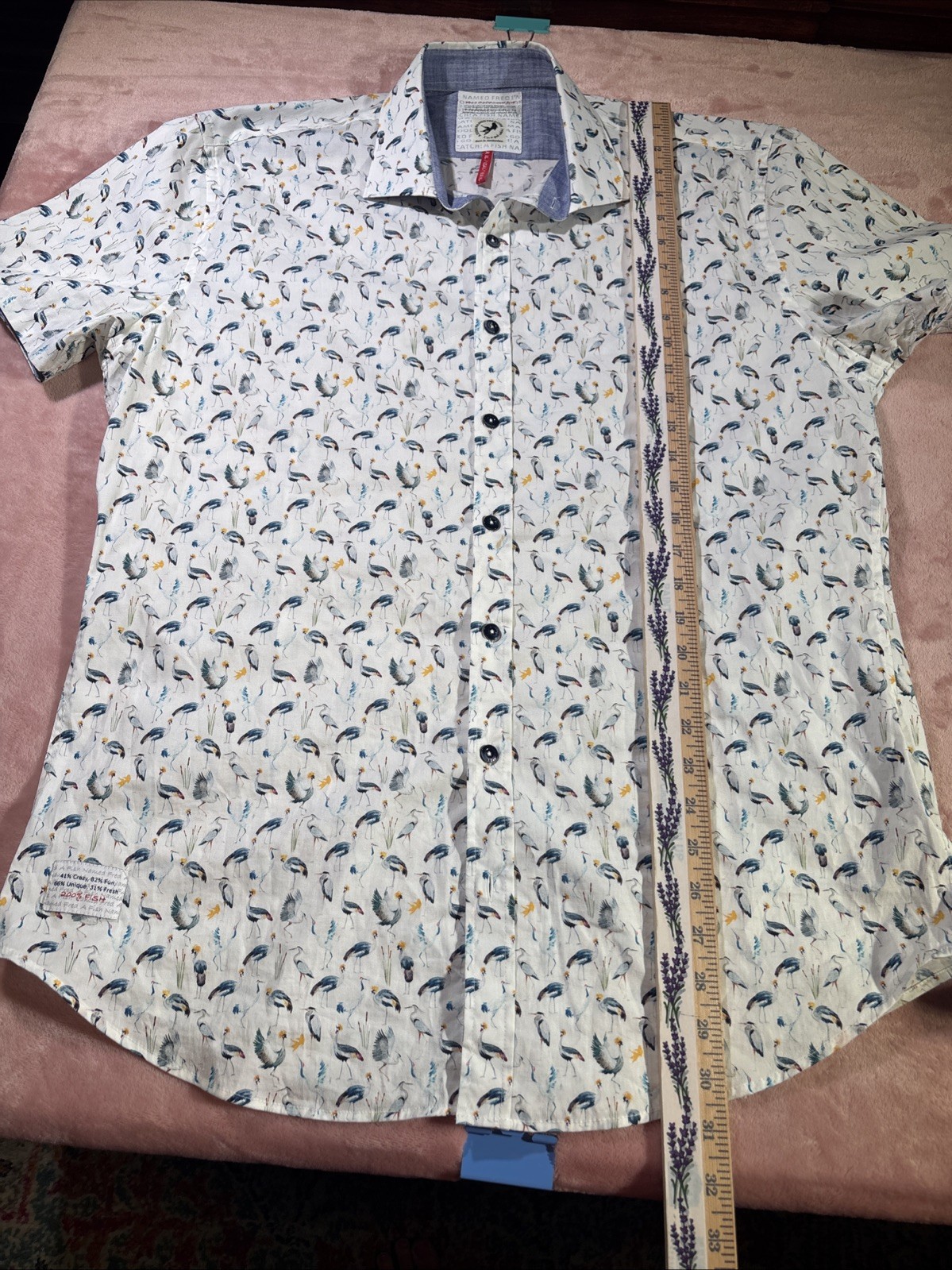 A Fish Named Fred Tropical Birds Short Sleeve Cotton Button Down Shirt XL