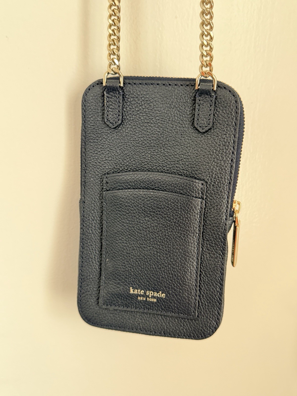kate spade new york Blue Pebbled Zip Phone Crossbody Bag Gold Chain Card Pockets