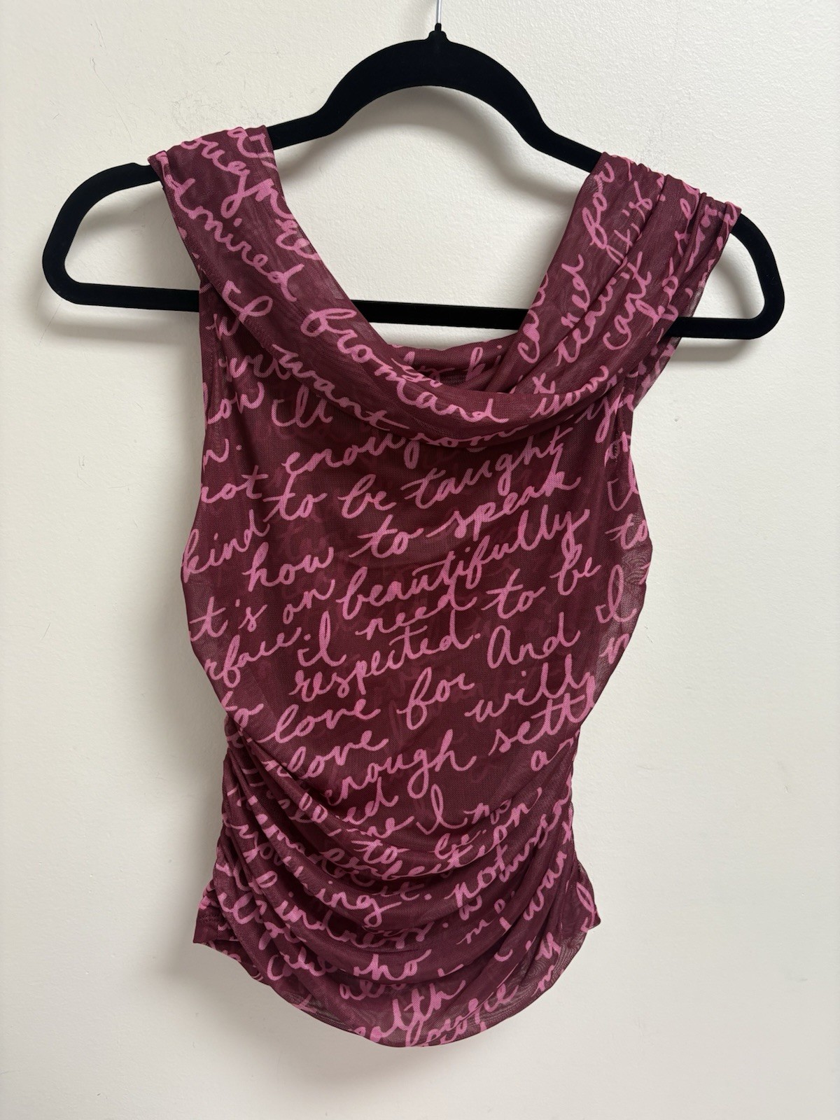 Maeve Anthropologie Mesh Script Print Draped Cowl Neck Ruched Tank Top S