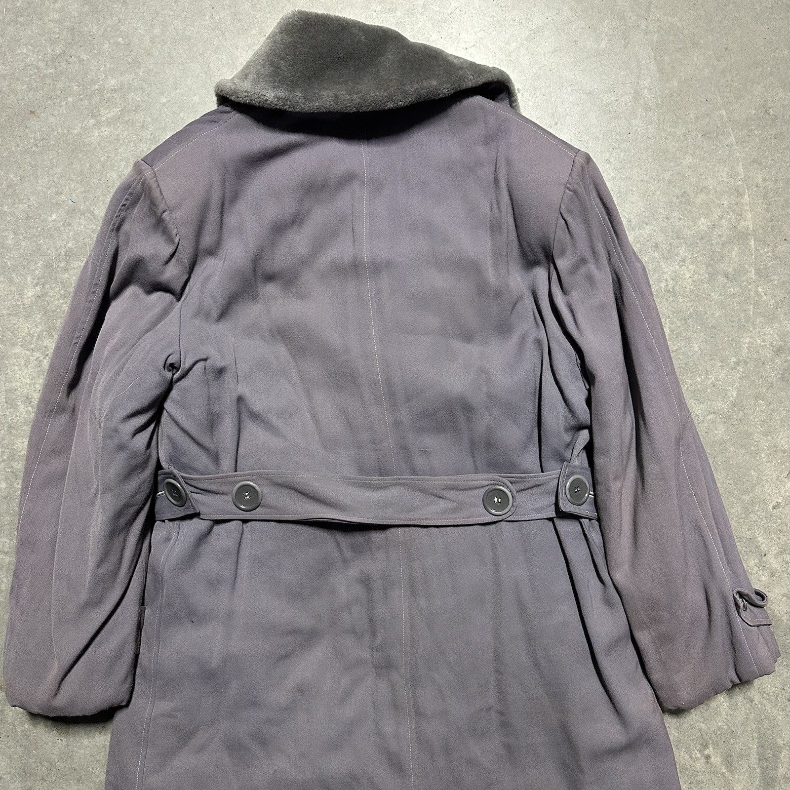 VTG 40s/50s Gabardine Double Breasted Fur Collar Long Coat Belted XL Rockabilly