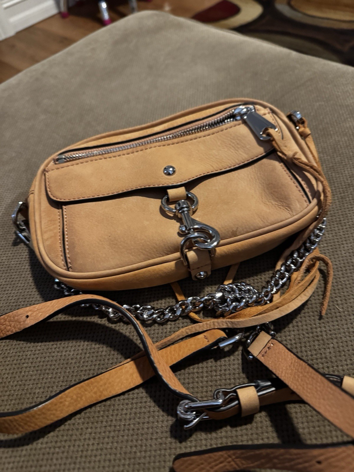 Rebecca Minkoff Tan Crossbody Bag Silver Chain Zip Detachable Strap