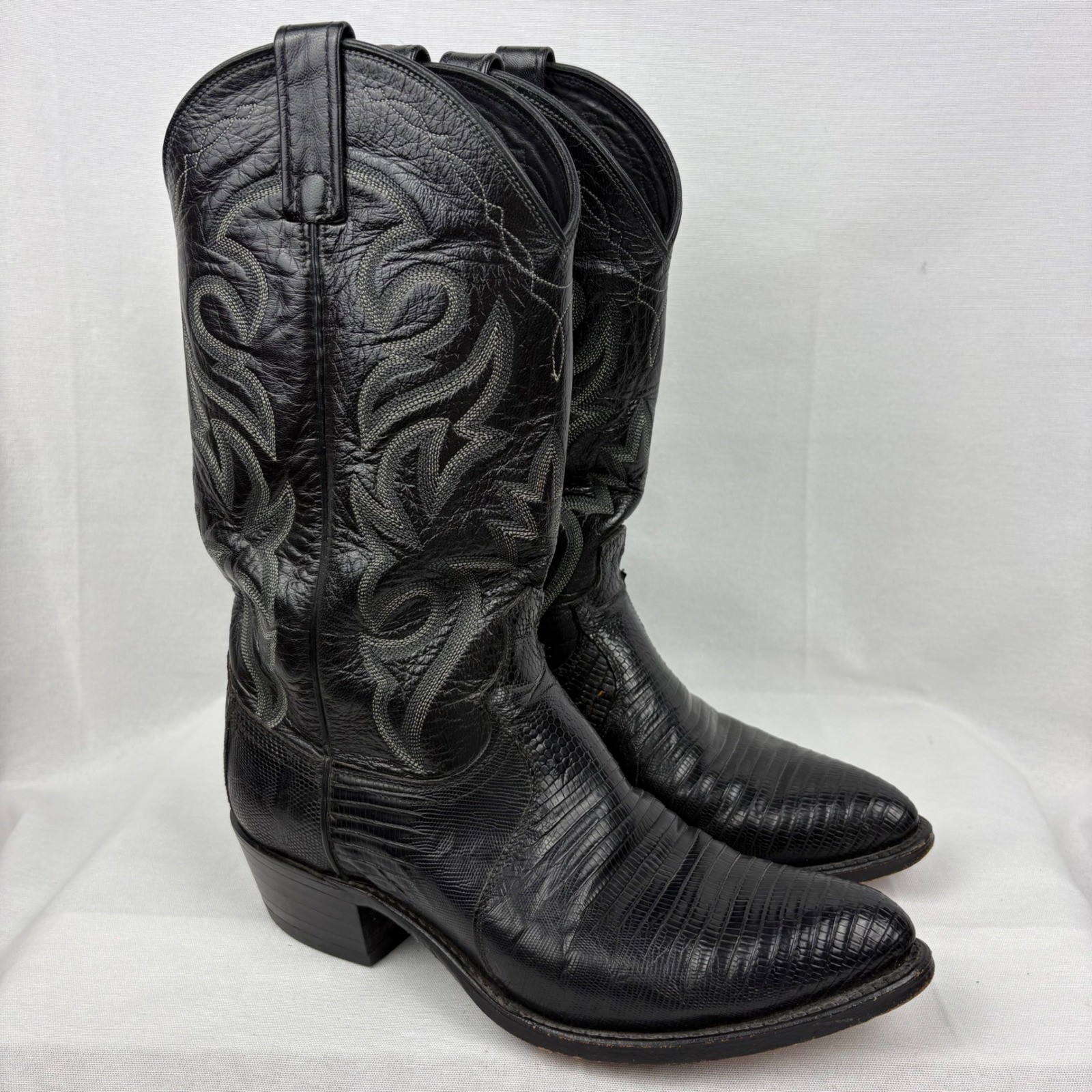 Vintage Dan Post Cowboy Boots Teju Lizard Size 8EW Black Exotic 350J Pointed Toe