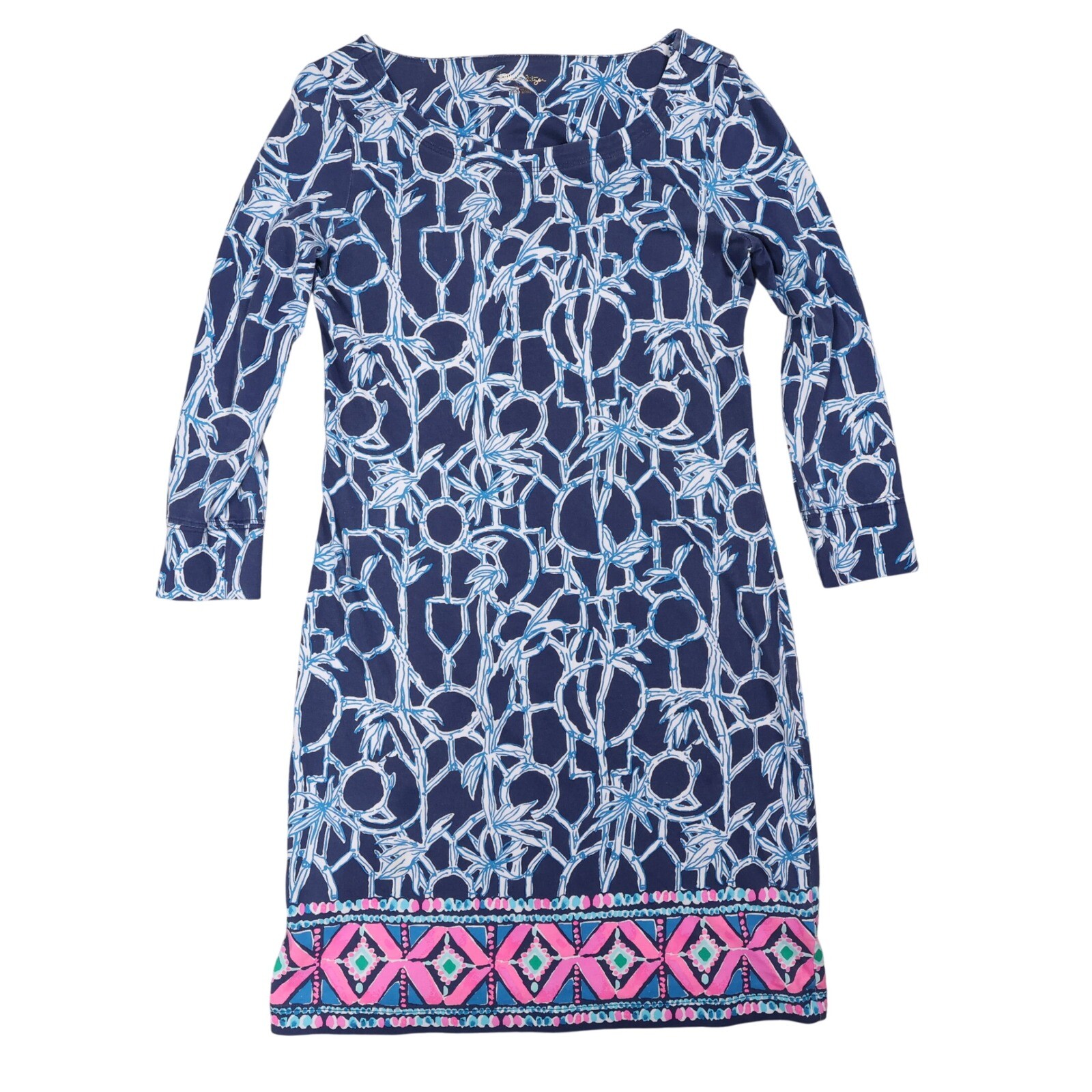 Lilly Pulitzer Print Dress 3/4 Sleeve Stretch XXS High Tide Navy Lucky Bamboo