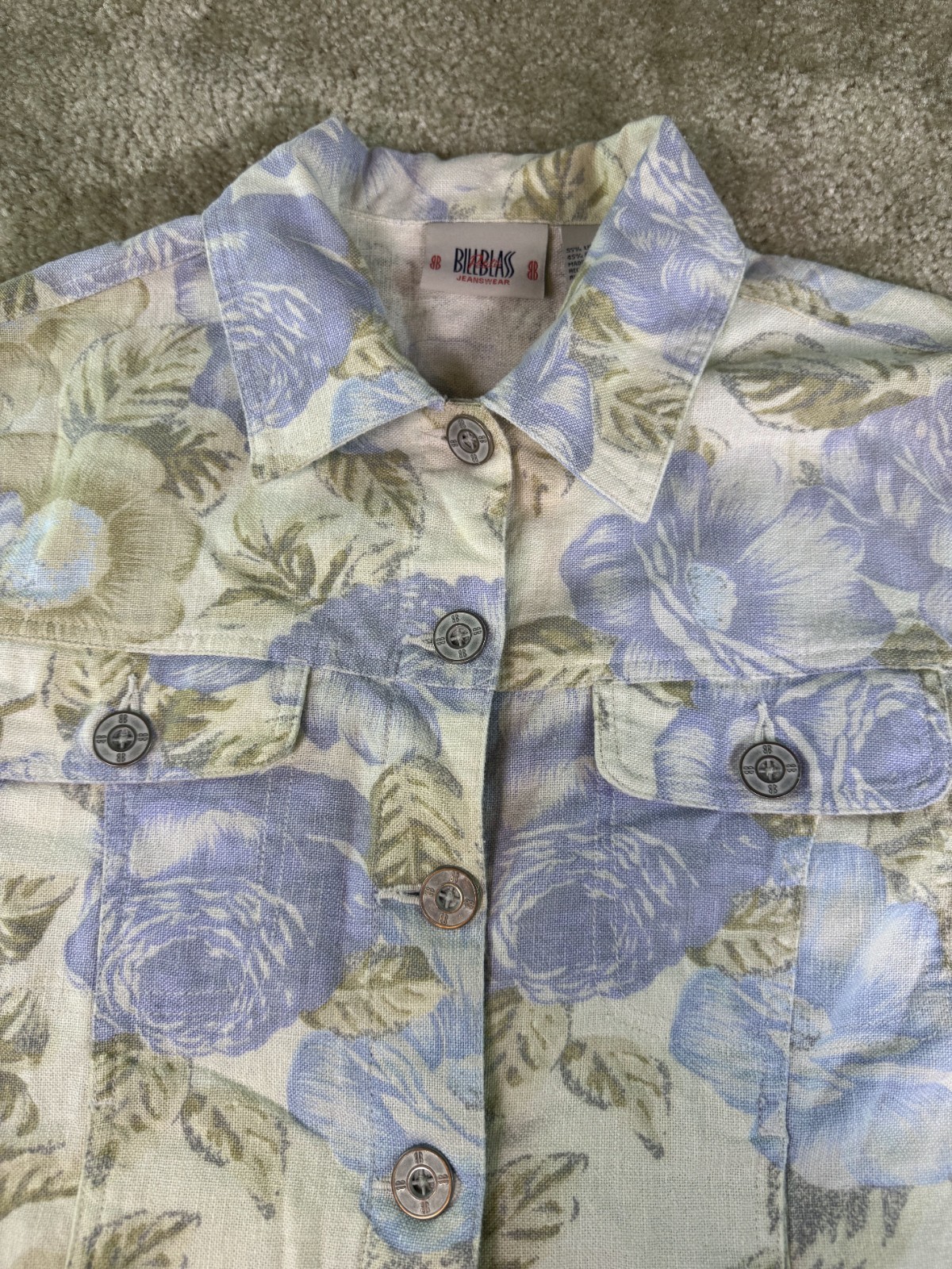 Bill Blass Jean Jacket Size PM Medium Linen Blend Floral Print Pastel Blue D488