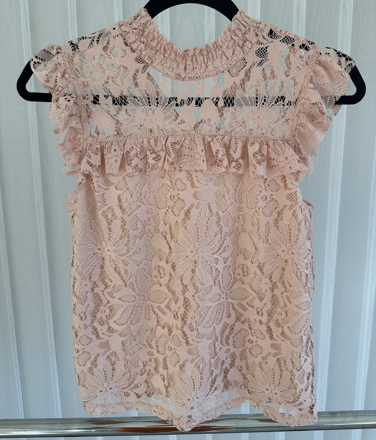 Topshop Pink Floral Lace Ruffle Mock Neck Sleeveless Sheer Blouse Size 0