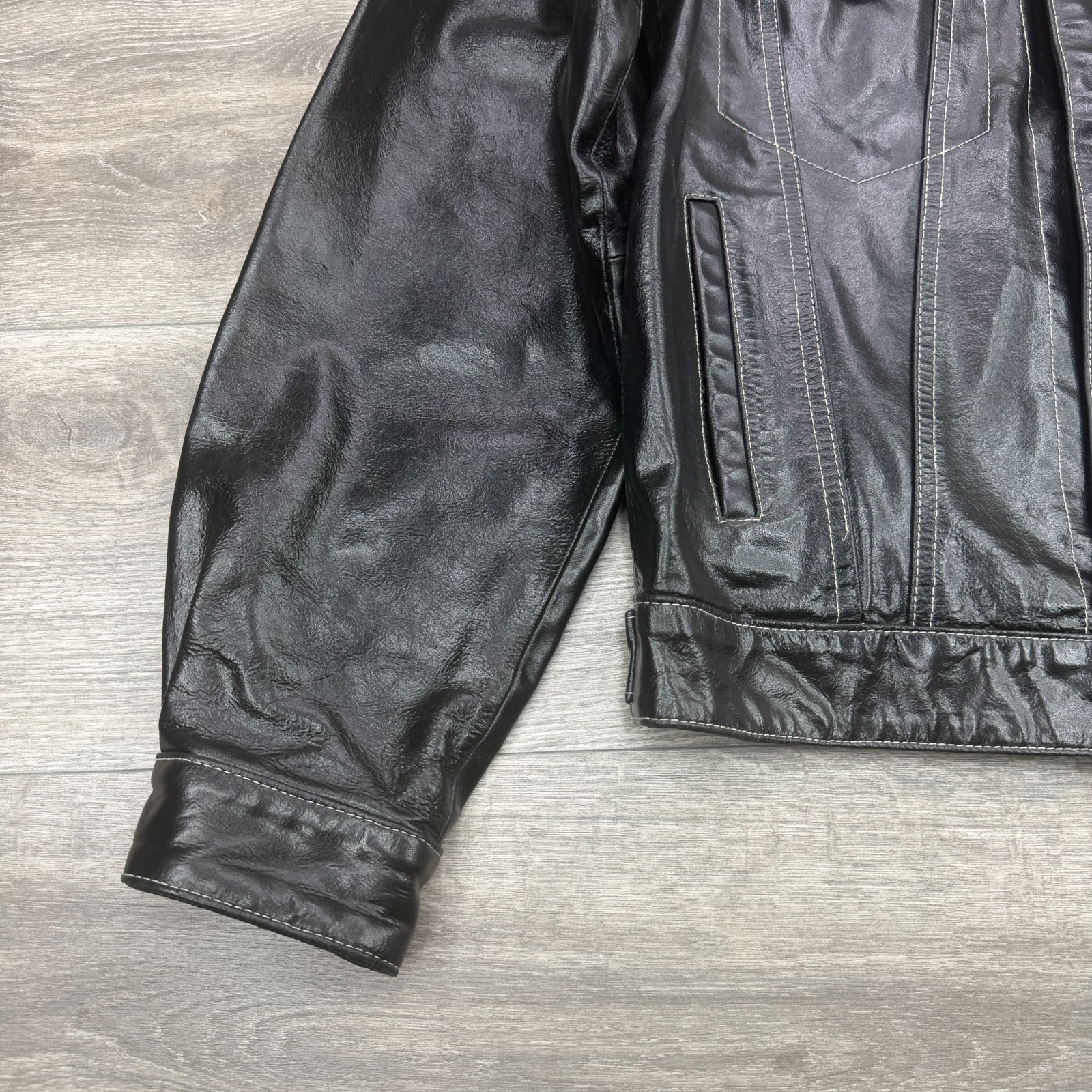 VTG Gap Leather Jacket Mens Small Black Trucker Boxy Stitch Moto Biker Y2K 90s