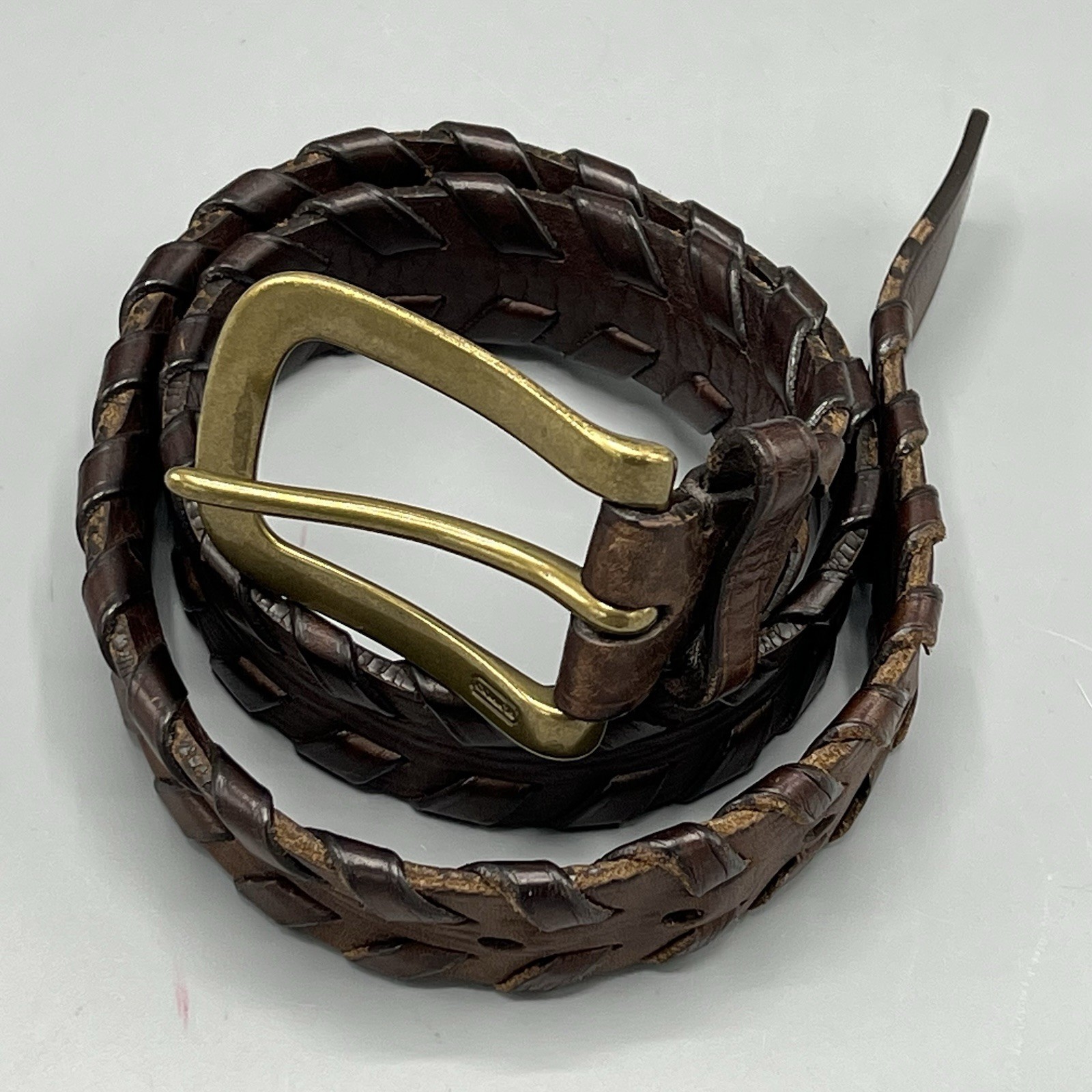 Coach Dark Brown Side Braided Leather Belt Brass Buckle 75cm 30″ D7