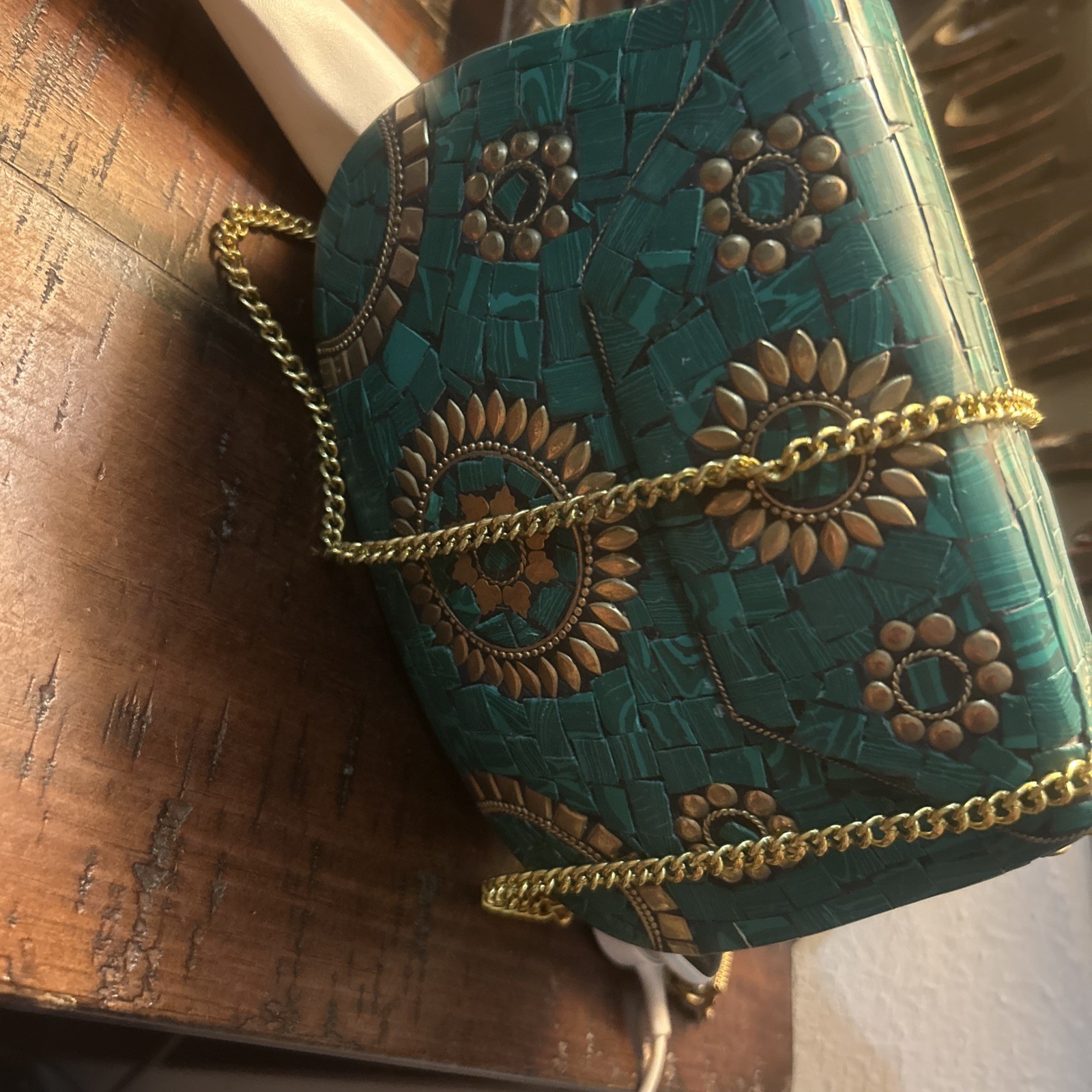 Unique Handcrafted Indian Handbag/ Turquoise Mosaic Stne Gld and Coper Details