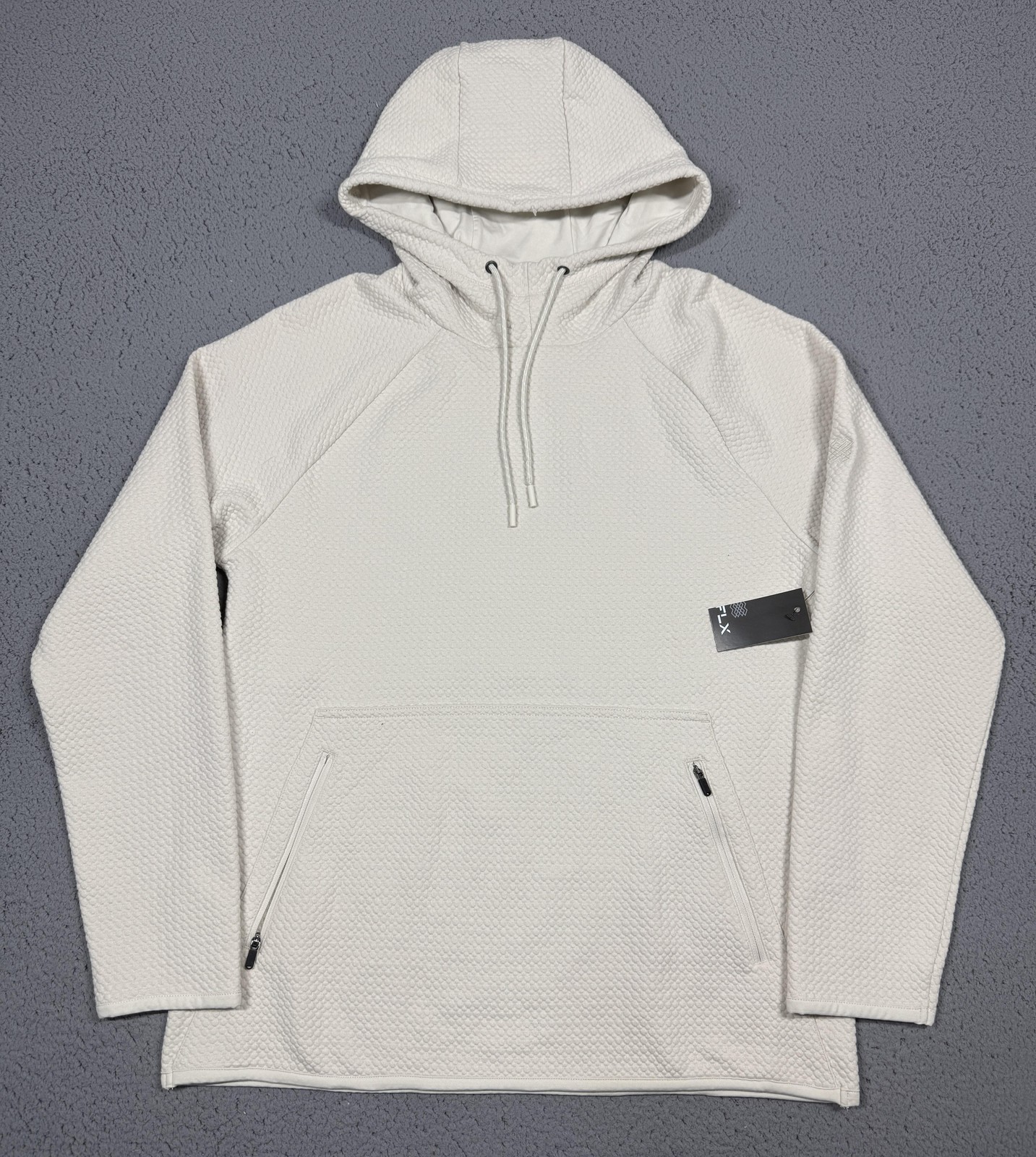 NWT FLX Premium Hoodie Mens Medium White Stretch Pullover Zip Pockets Sahara WND
