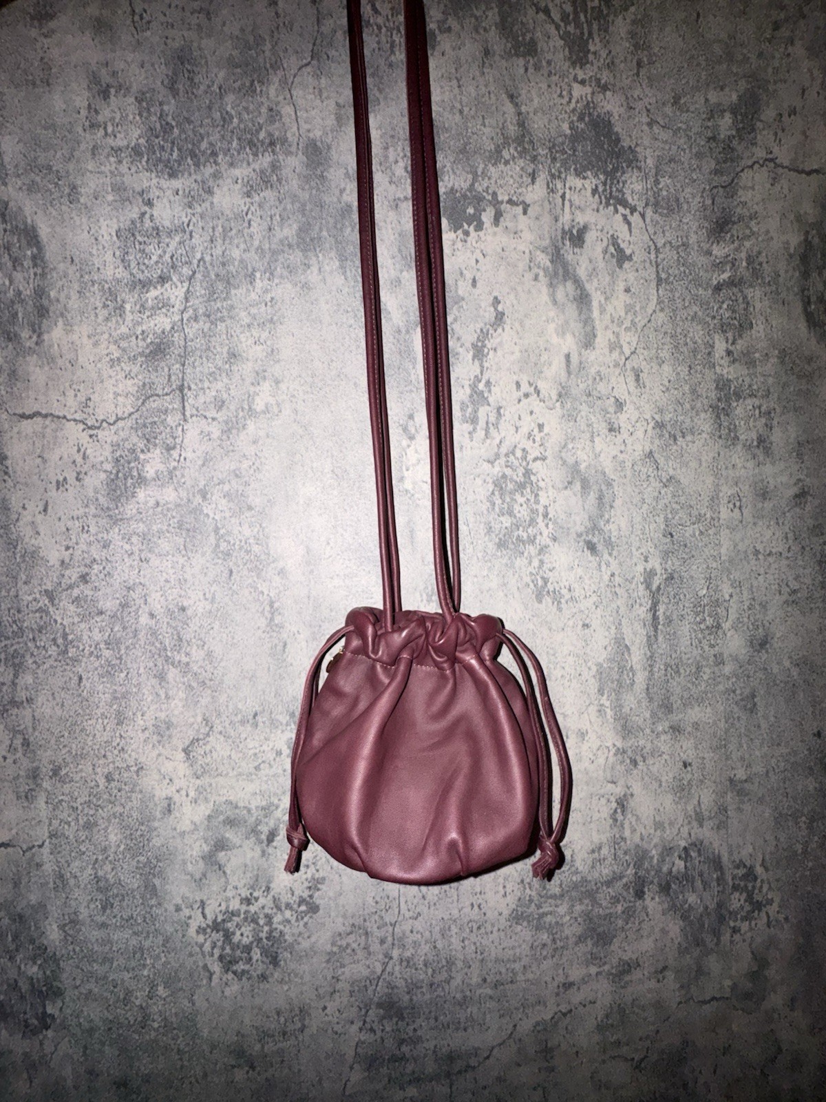 Clare v. Emma Drawstring Bucket Bag Plum Leather Mini Crossbody