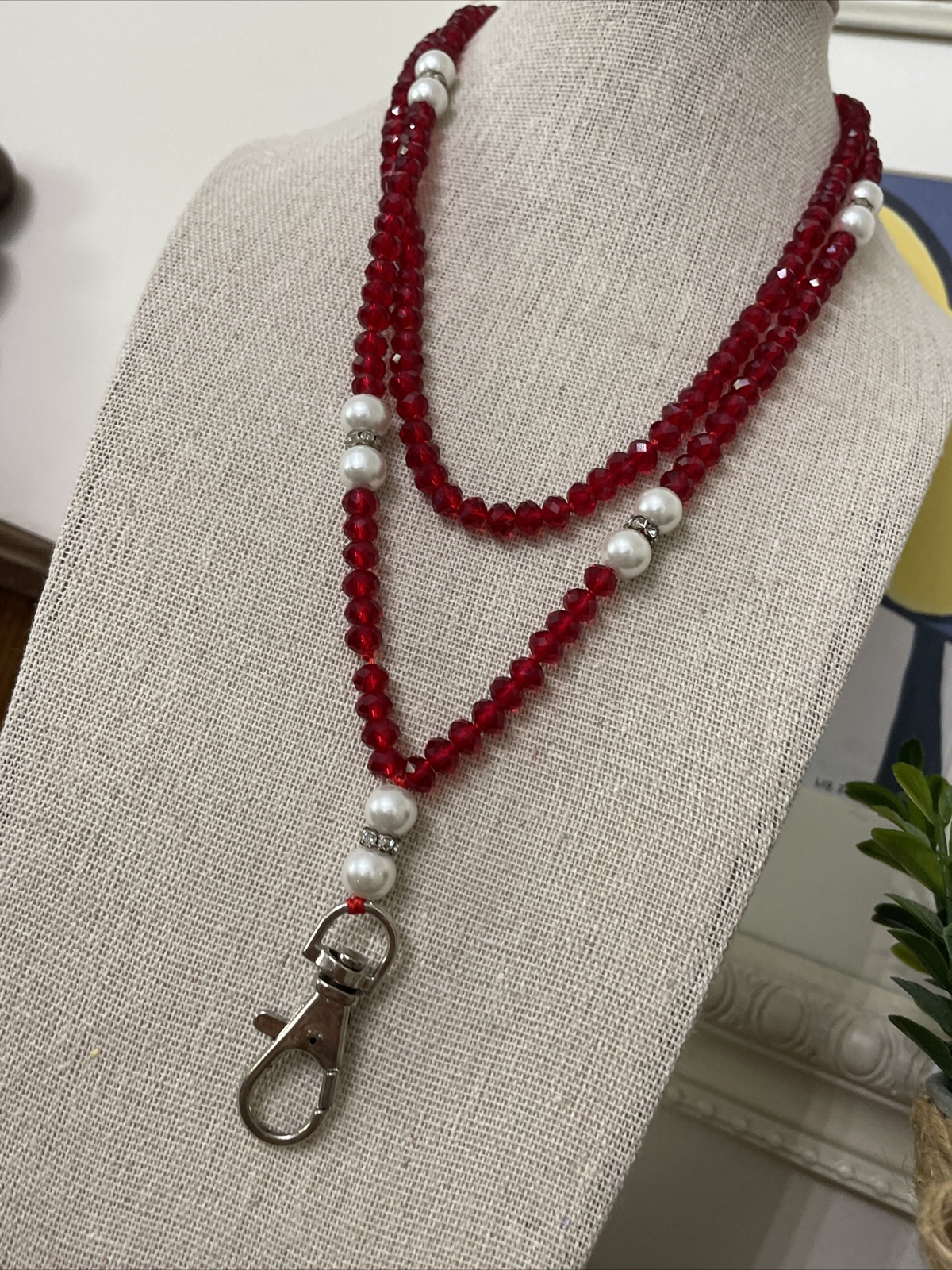 Crystal Lanyard Or Eyeglass Chain Red Crystal Pearl Rhinestone Beads 34” Strand
