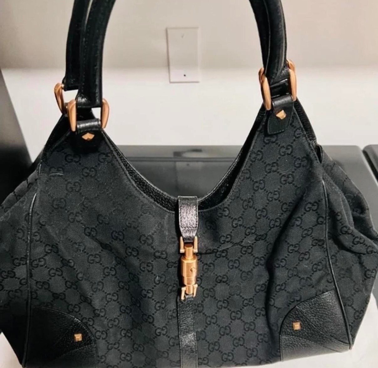 Vintage Gucci GG Monogram Nailhead Jackie Bardot Bag Black Canvas Rose Gold Ital