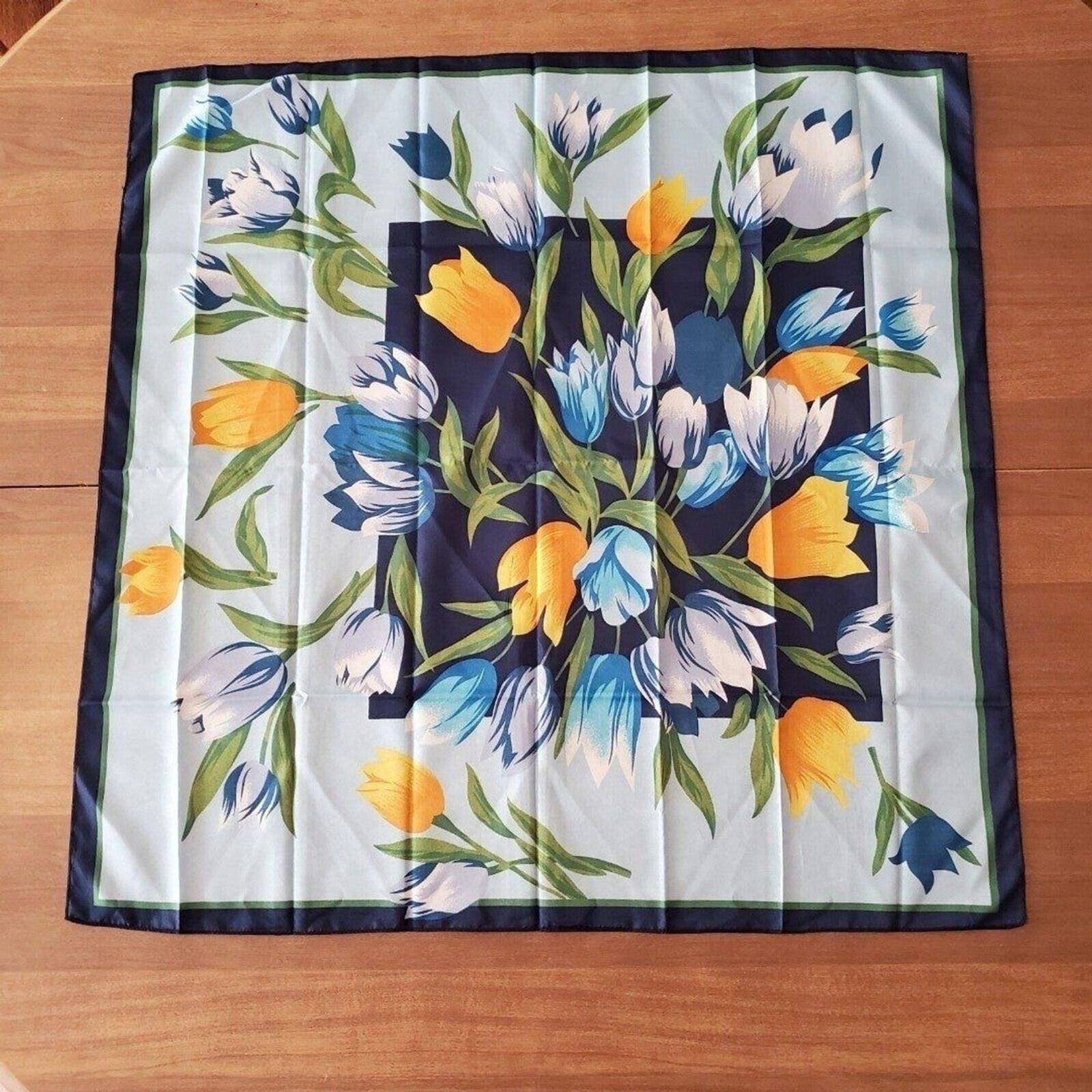 Womens Vintage Navy Blue Multicolor Tulip Floral Polyester Square Scarf Border