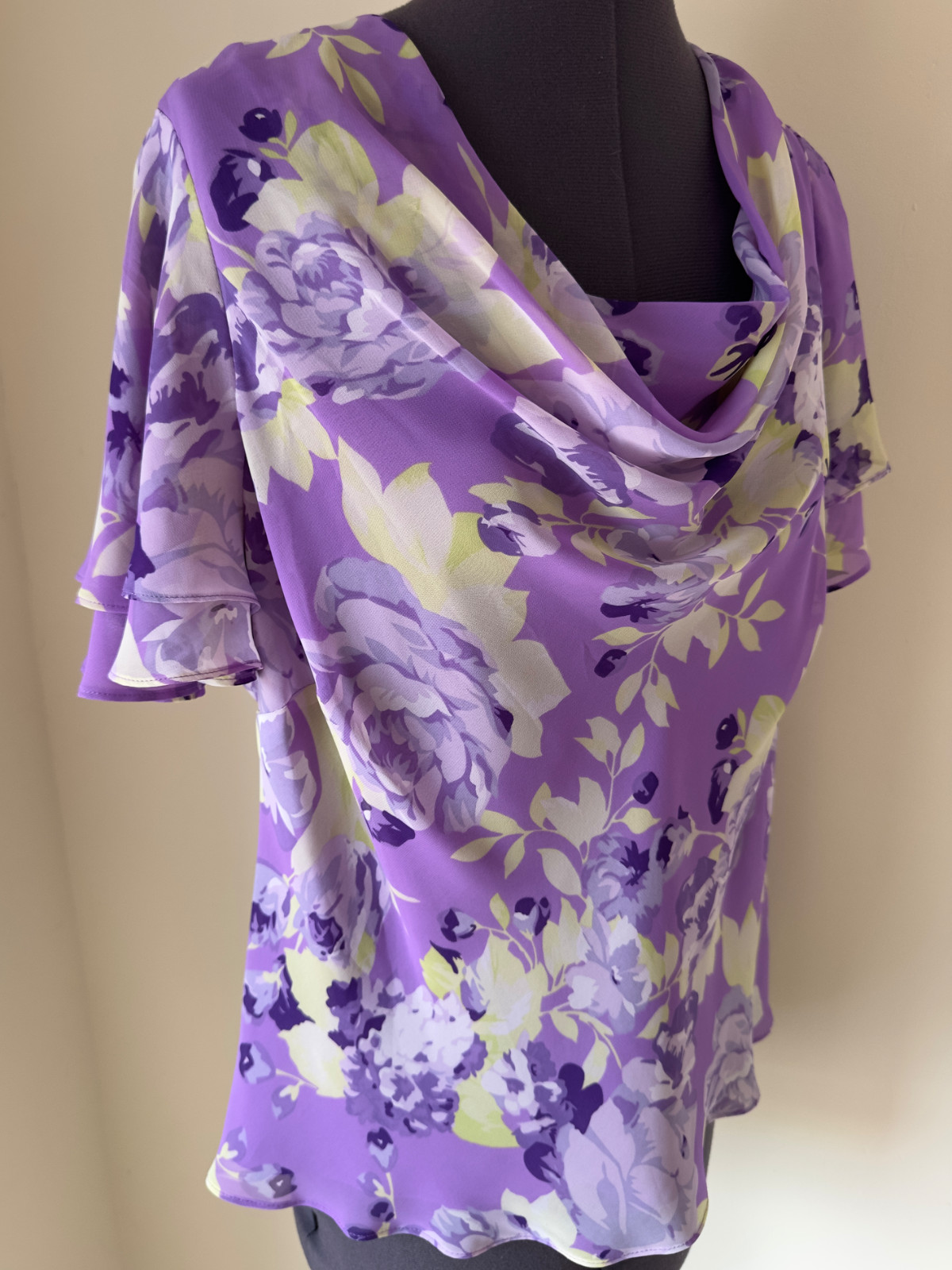 Jacques Vert Blouse Womens UK16 Purple Floral Print Drape Cowl Neck Cottagecore