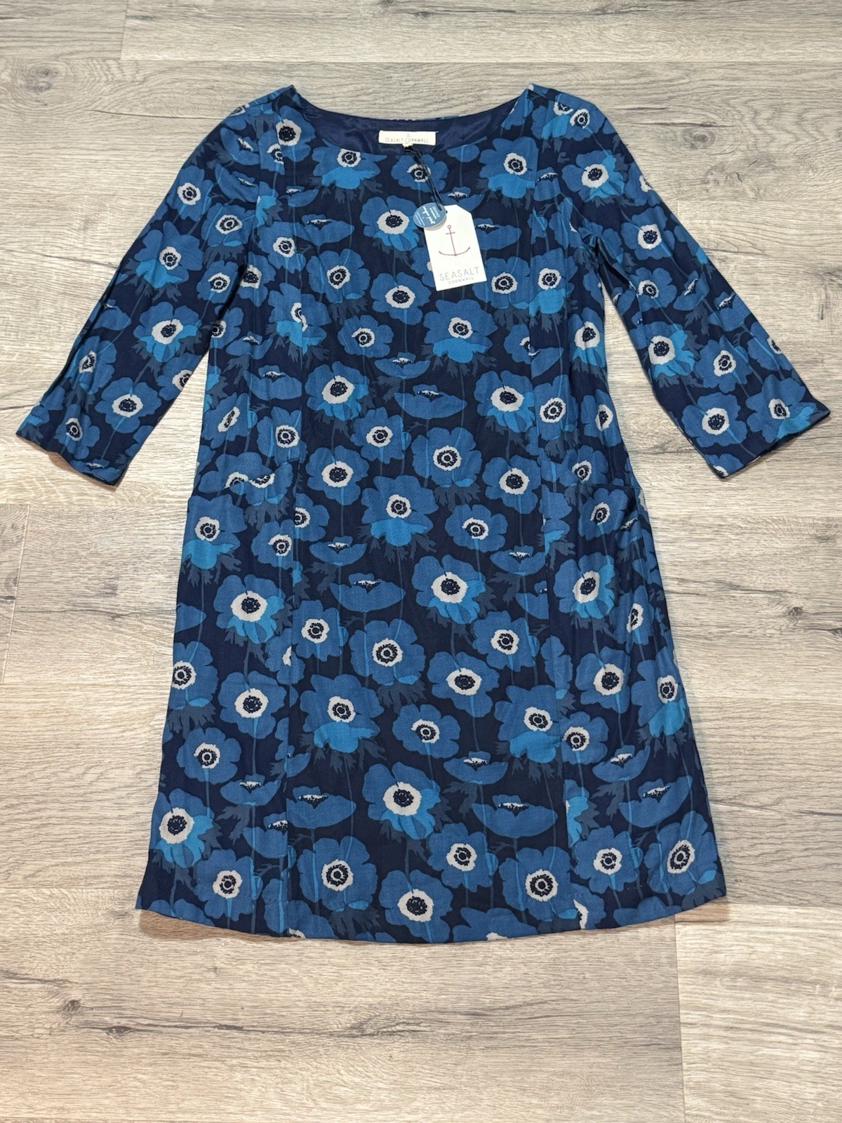 NWT Seasalt Cornwall Freshwater Dress Blue Anemones Floral UK 8 US 4 3/4 Sleeve