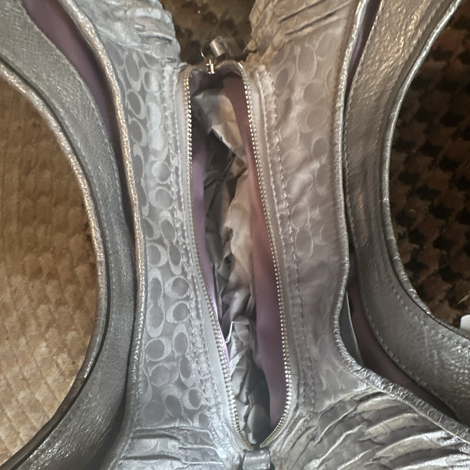 Coach Madison Maggie Large Metallic Silver Shoulder Bag Zip Ruched and Pleated