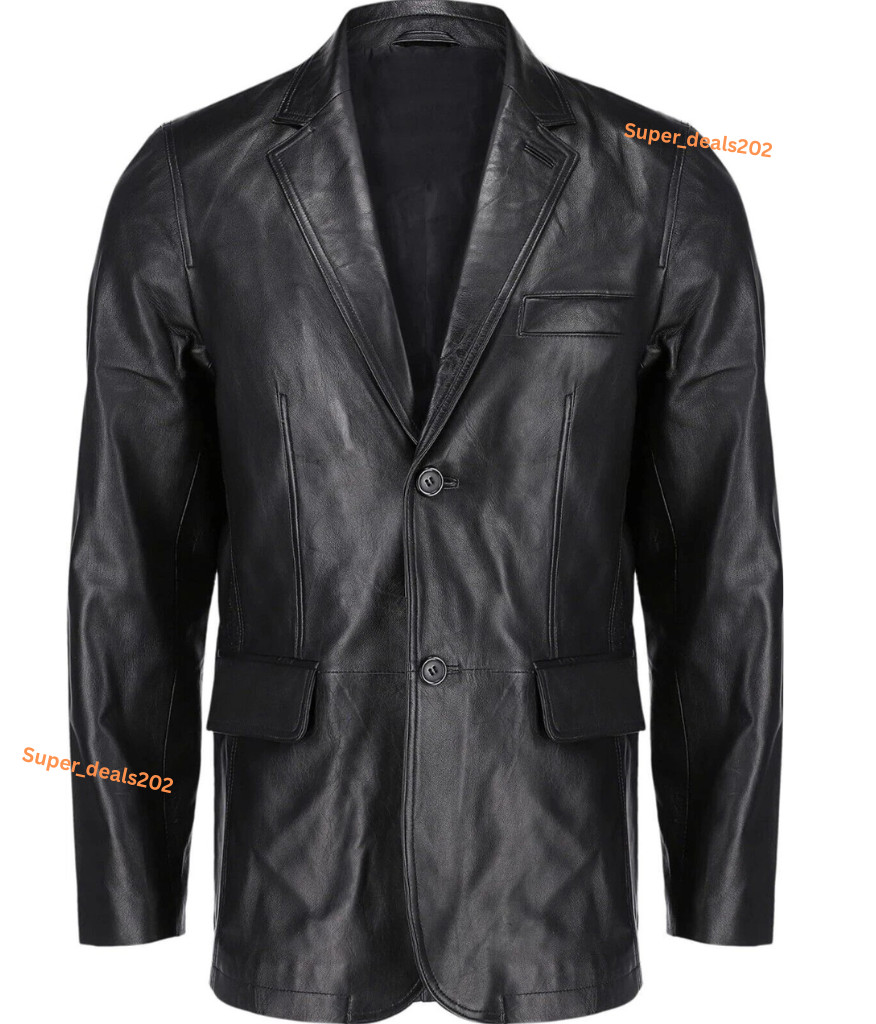 Black Mens Lambskin Nappa Leather Blazer Two Button Casual Formal Wear Style Fit
