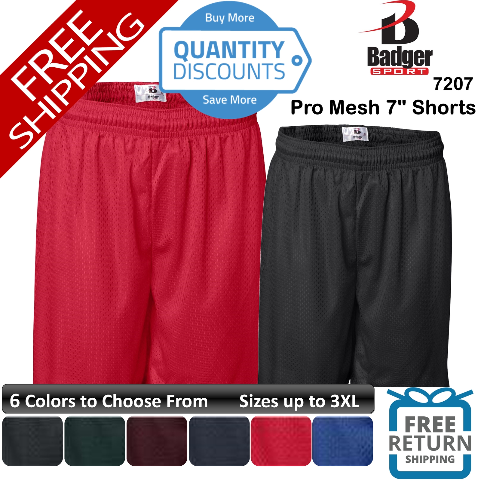 🔥 Badger Men Pro Mesh 7″ Shorts Elastic Waistband And Drawcord Up To 3XL 7207