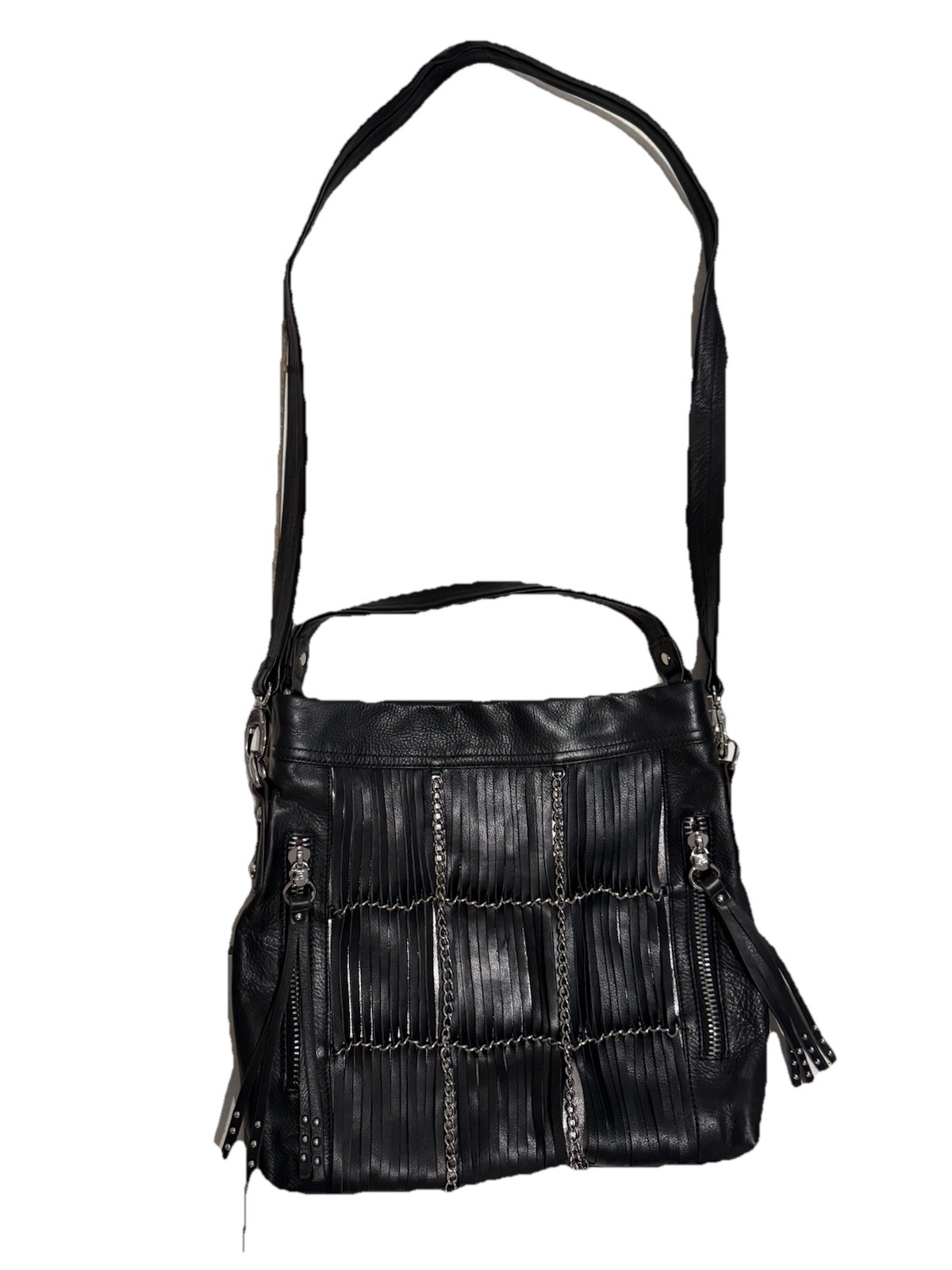 b makowsky Boho/punk/rock Black leather handbag With Fringes And Silver Chain
