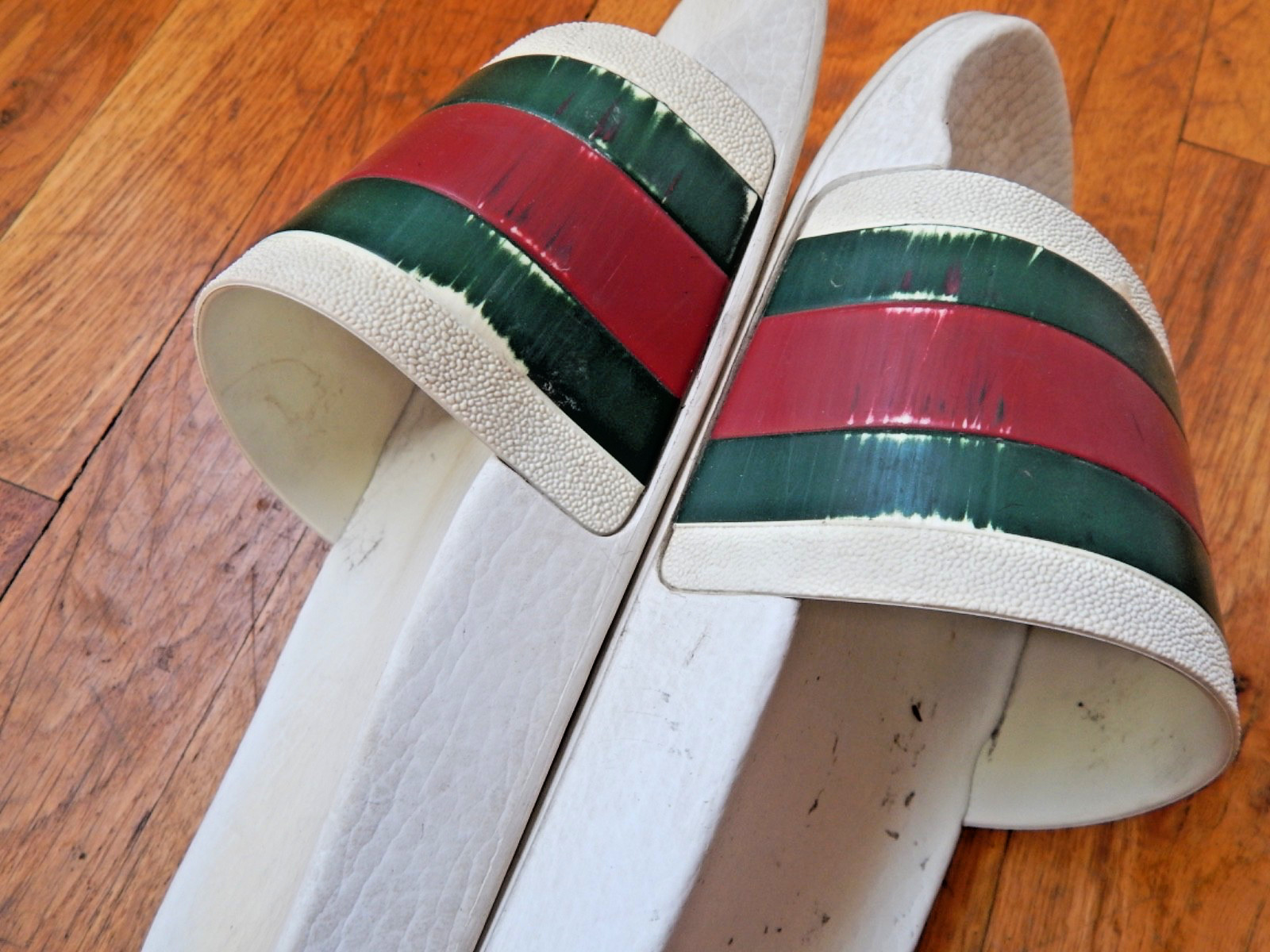 Gucci Men’s Pursuit 72 Web Stripe Slide Sandals White Made in Italy Mens 7.5