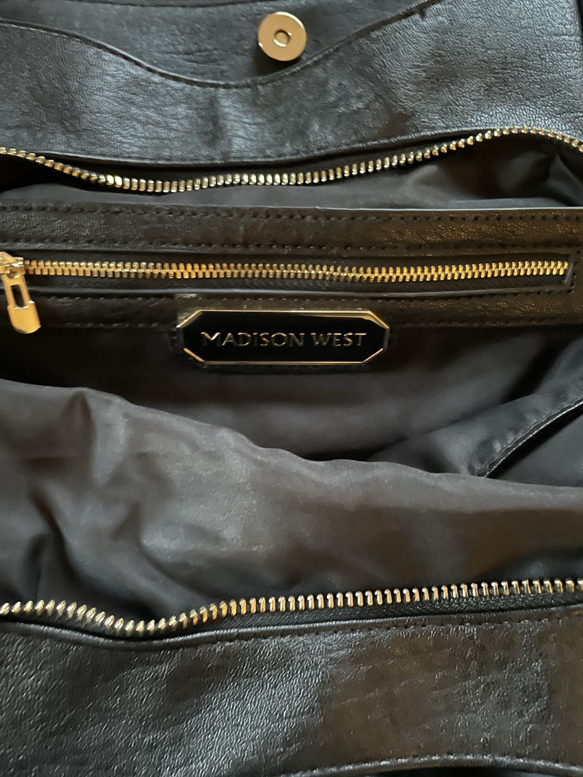 Madison West Black Tote Handbag Gold Hardware Zip & Magnetic Closure, Pockets