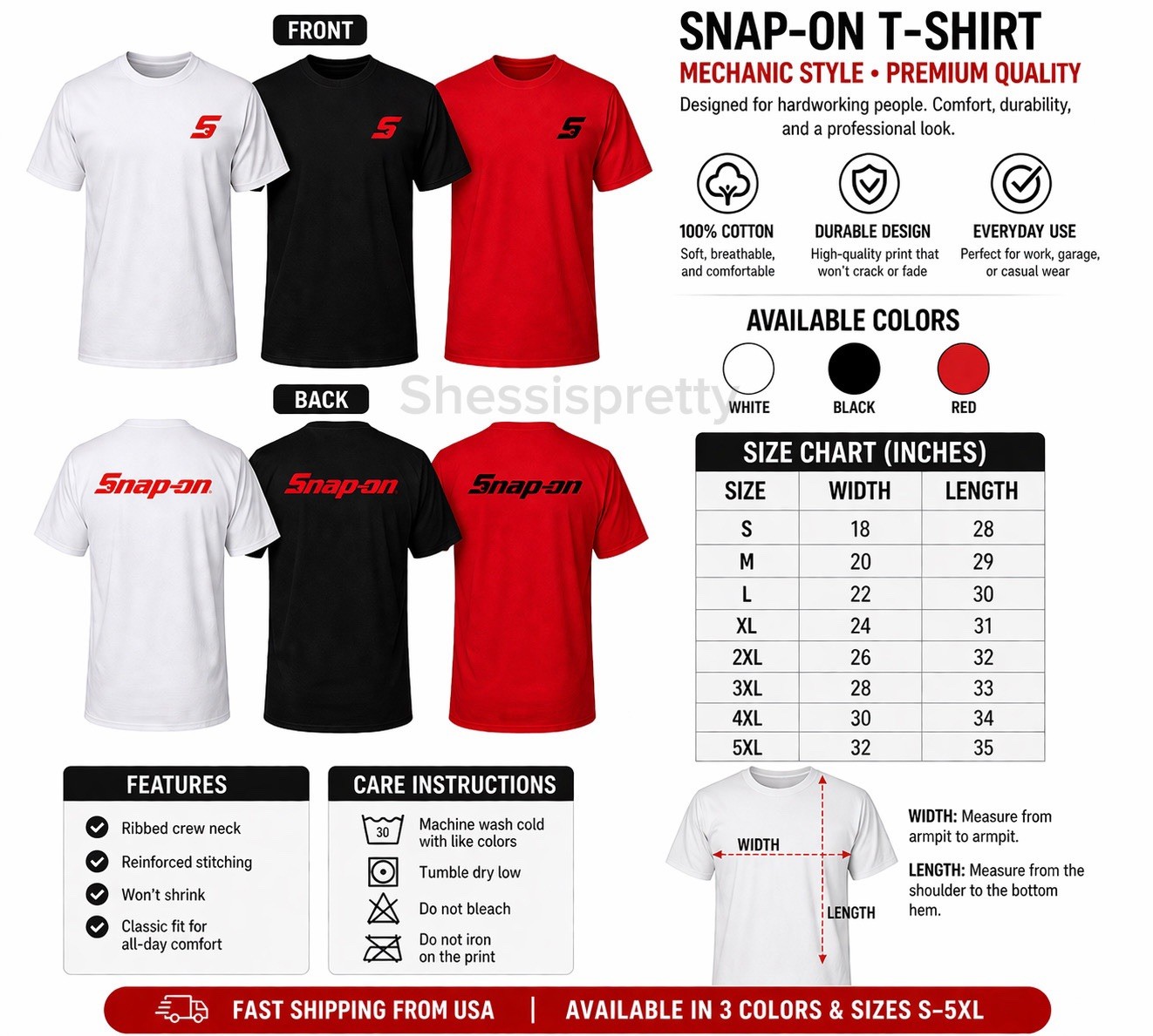 Snap-on tools short-sleeved t-shirt Snap-on clothing for men Size S-3XL