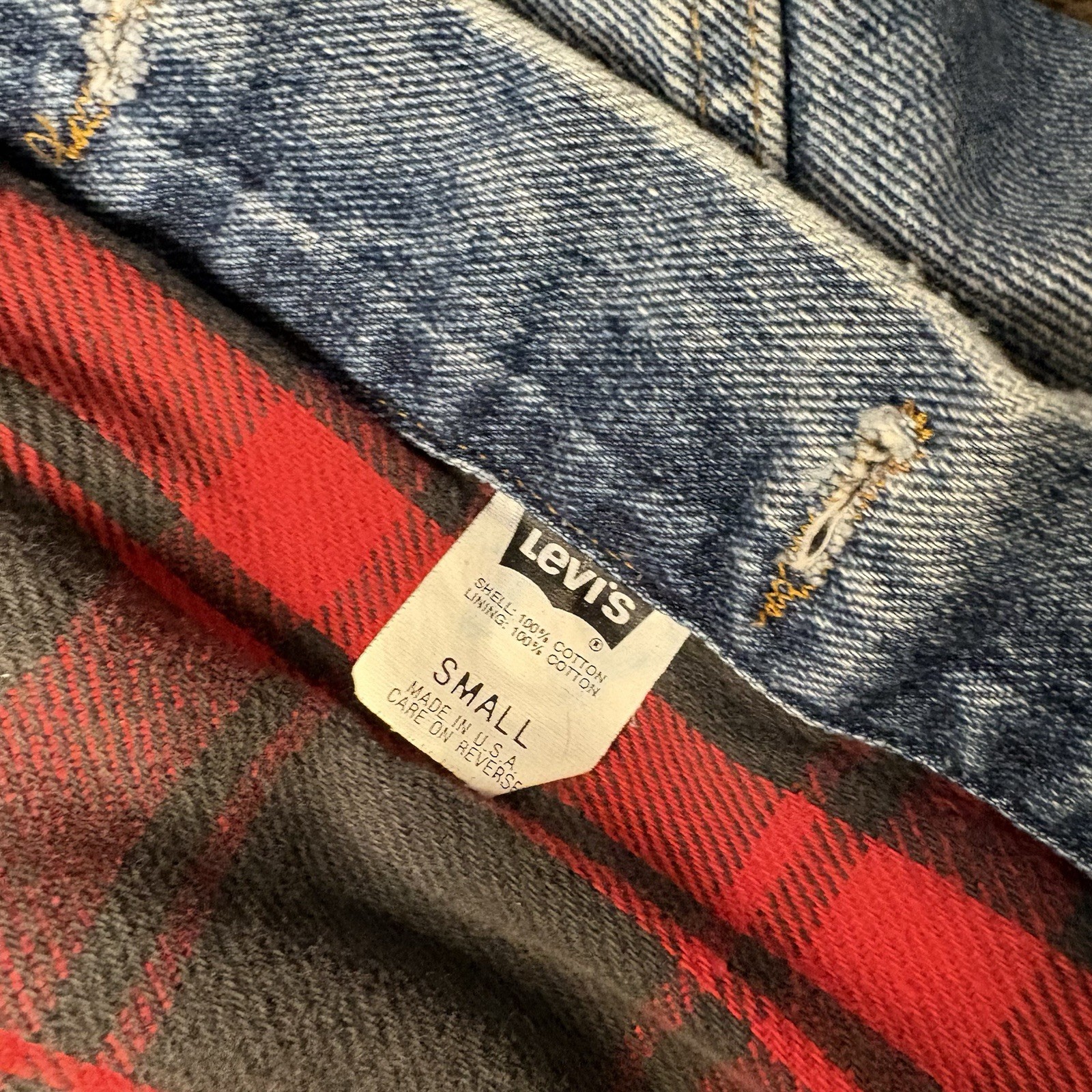 Vtg Levis Denim Trucker Jacket Buffalo Plaid Flannel Lined Sz S 80s