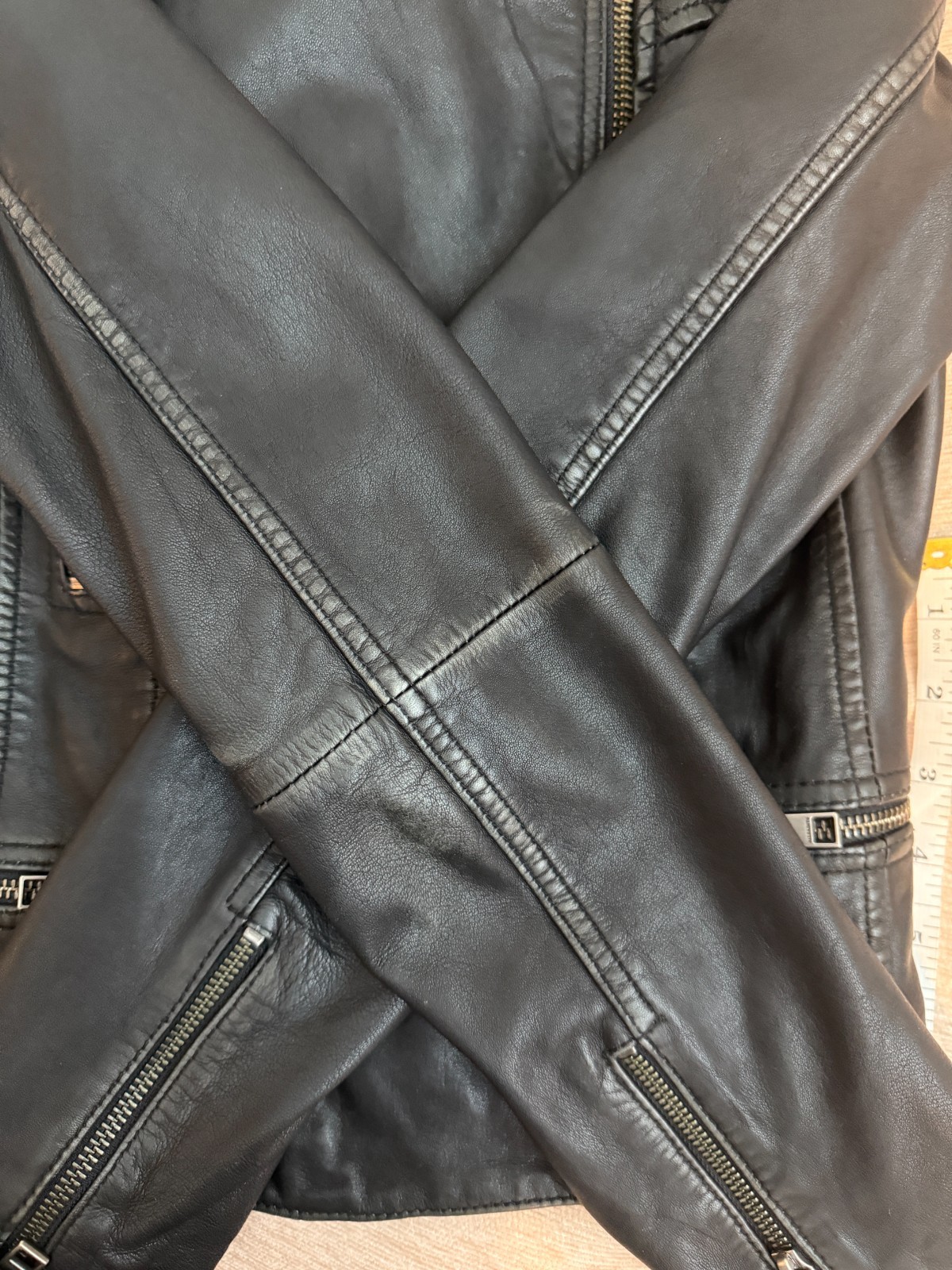 AllSaints Cargo Biker Black Leather Moto Jacket Women US 0 Distressed