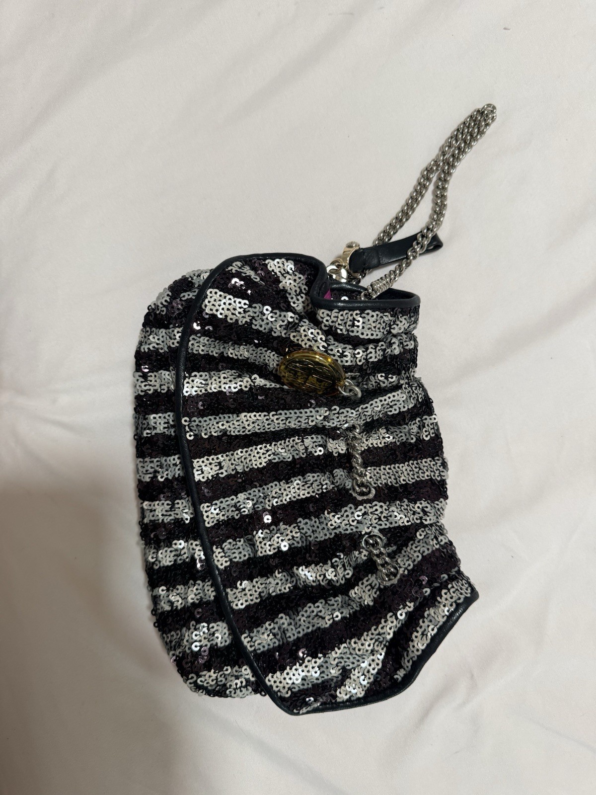 Henri Bendel Black & Silver Sequin Striped Clutch Chain Strap Purple Lining