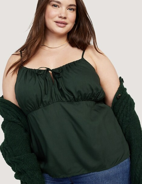 NWT Old Navy Smocked Babydoll Cami Top Tie Front – Dark Bottle (Forest Green) XL