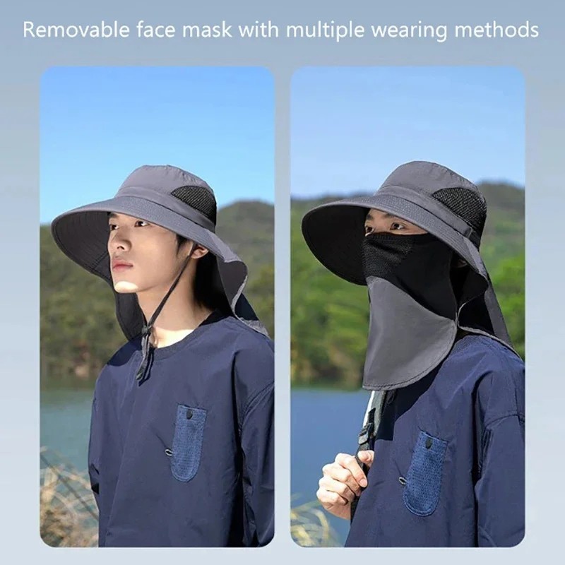 Fishing Hat UV Sun Protection Wide Brim Hat w/ Face Cover & Neck Flap Unisex
