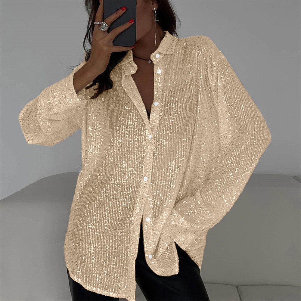 Womens Sequin Glitter Shiny Button Down Shirt Ladies Clubwear Party Tops Blouse