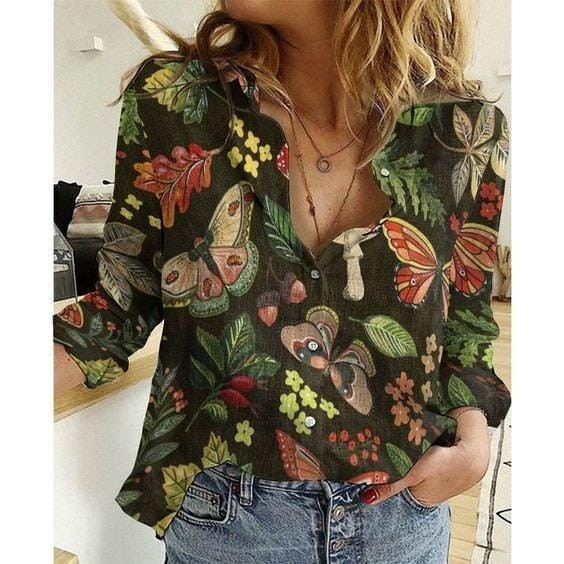 Vintage Mushroom Linen Look Shirt Butterflies Women Shirt