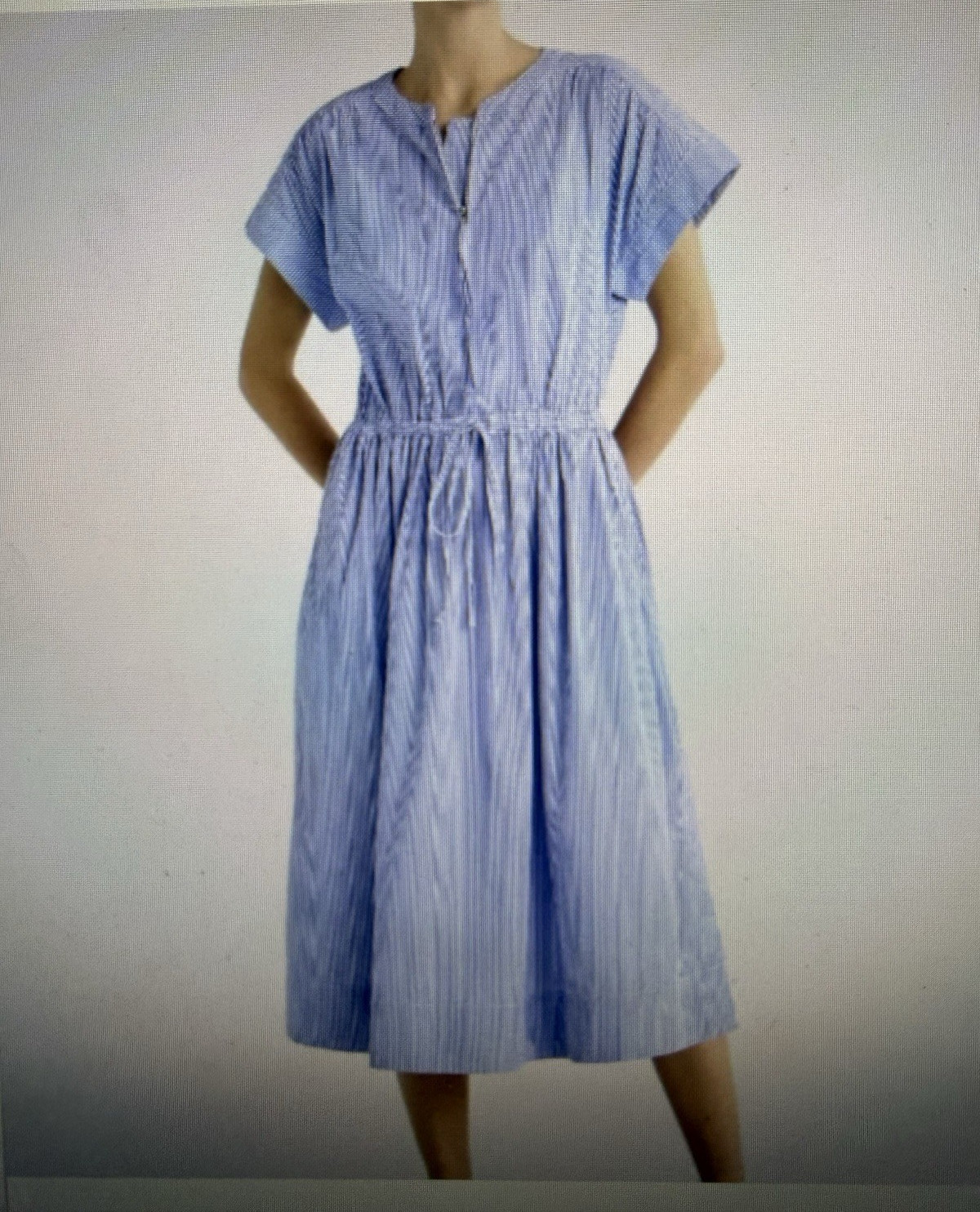 Free Assembly Blue/White Striped Zip Midi Dress Drawstring Pockets M NWOT