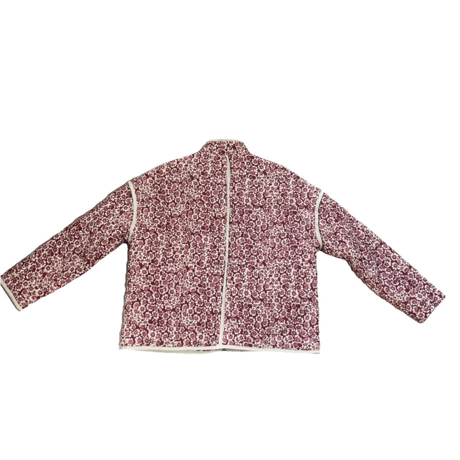 Quilted Floral Jacket Burgundy Cream Mock Neck Boxy Pockets Hook Eye Closure
