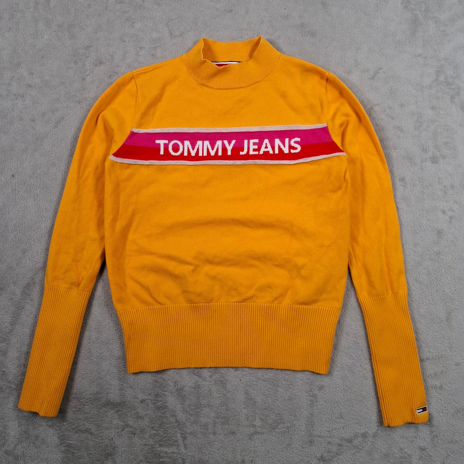 Tommy Jeans Jumper Womens Small Yellow Logo Knit Sweatshirt Cotton Cropped