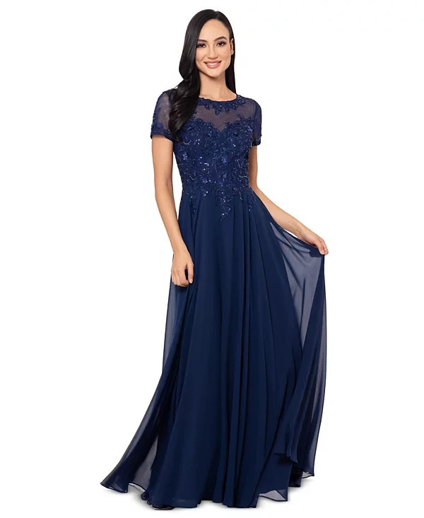 Xscape Navy Blue Beaded Embroidered Mesh Gown Dress Size 18 $308